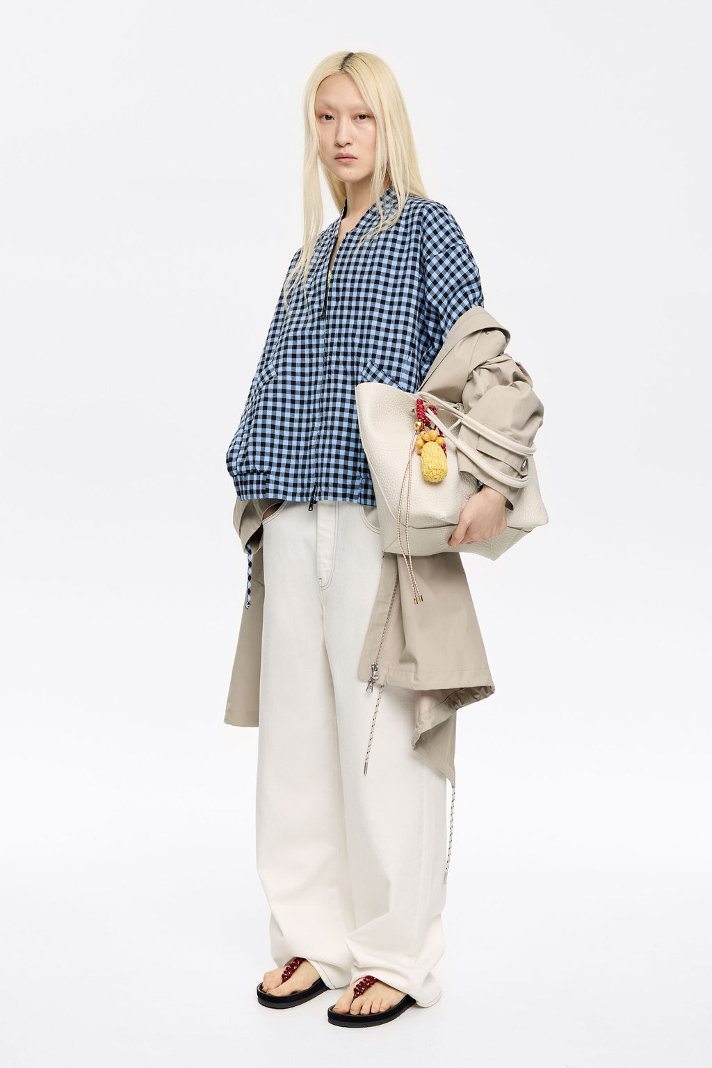 Powder blue checked textured bomber jacket