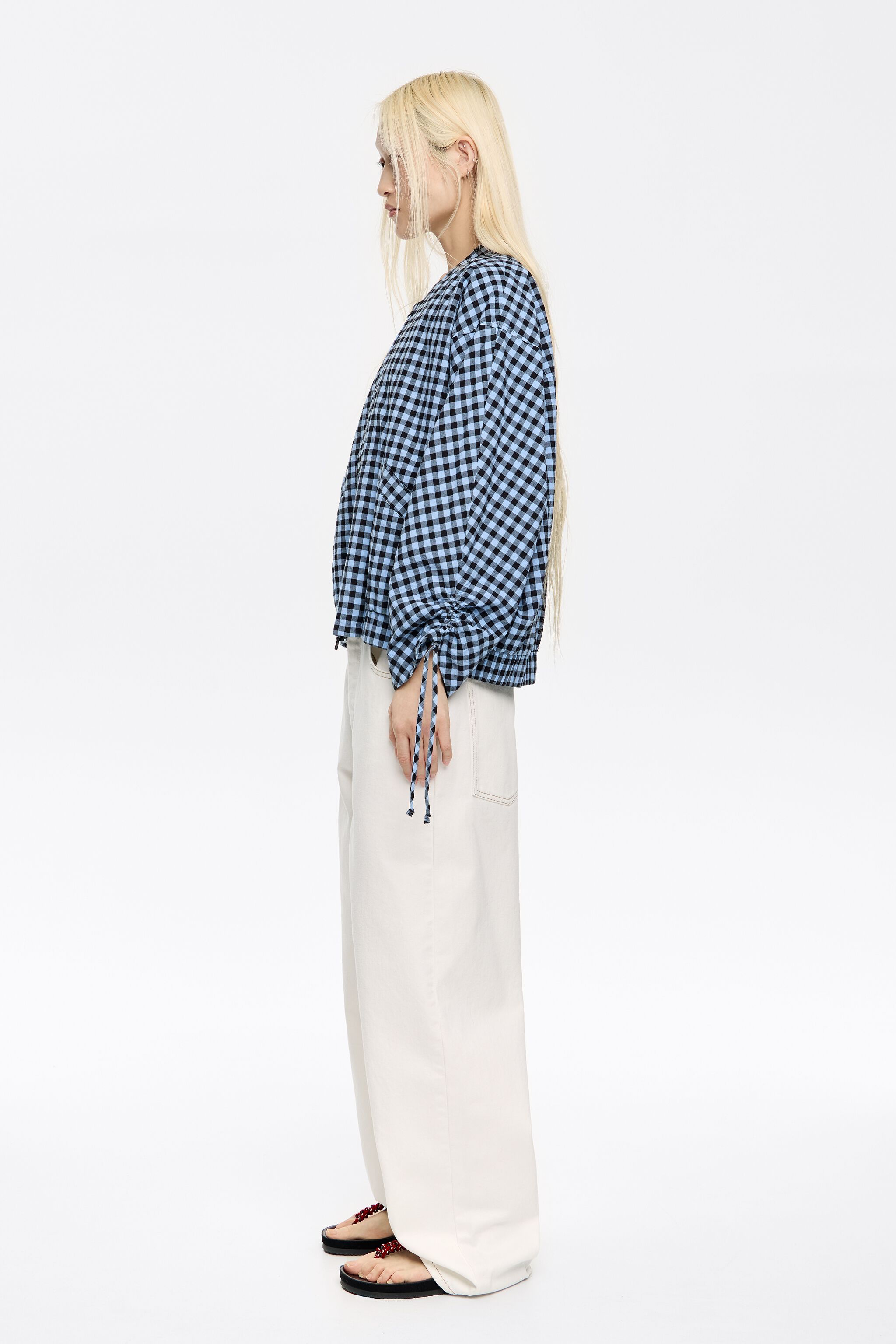 Powder blue checked textured bomber jacket