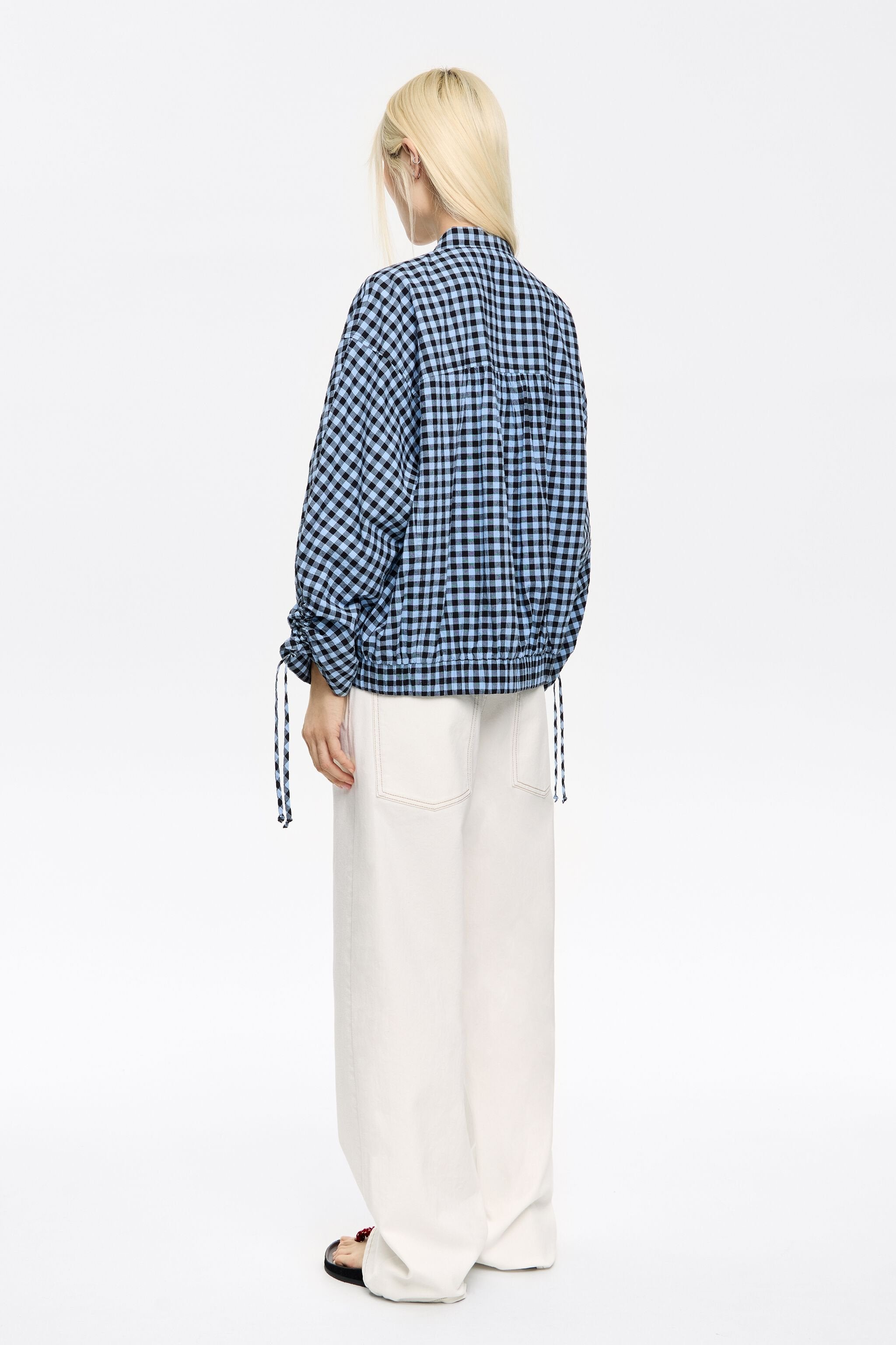 Powder blue checked textured bomber jacket