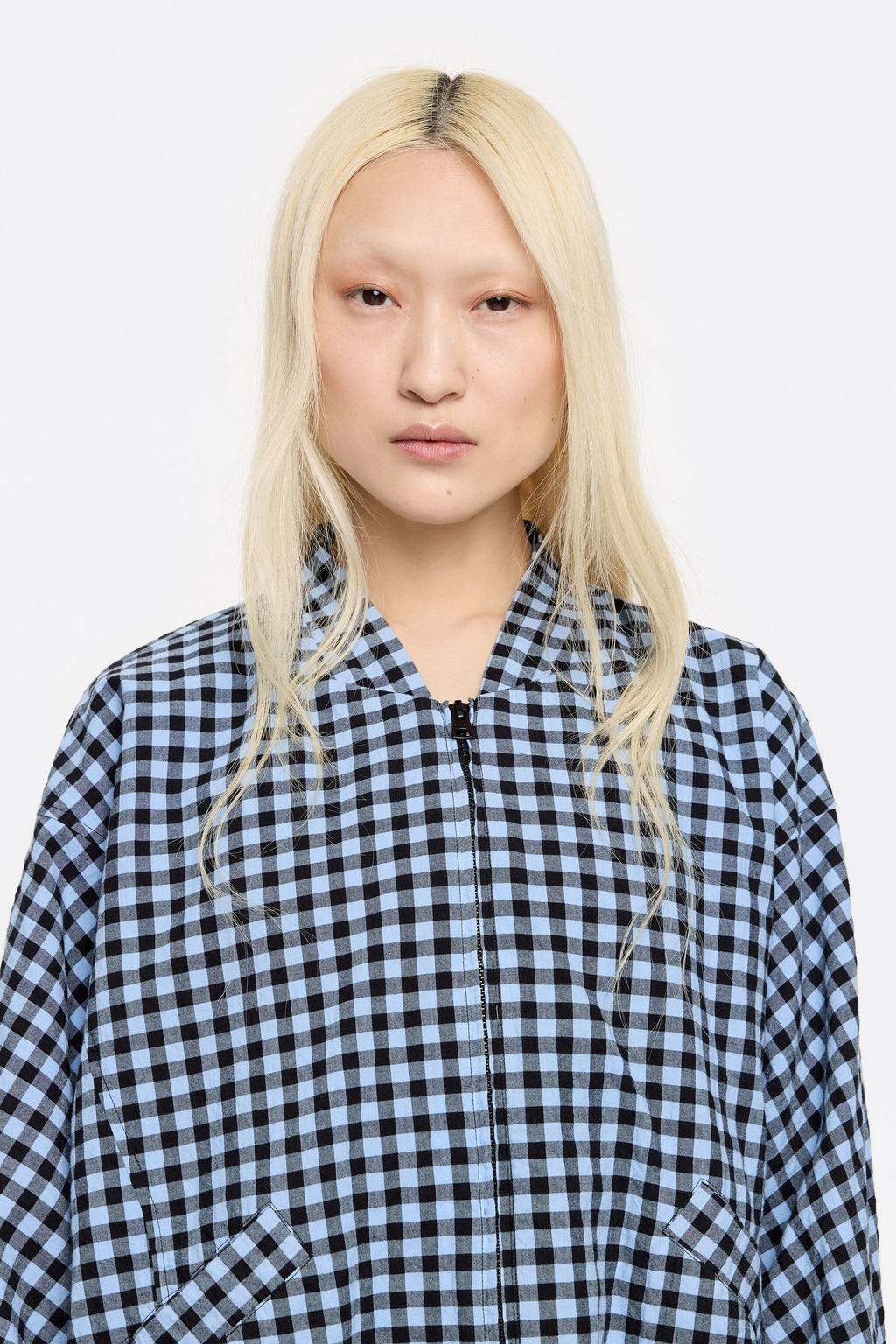 Powder blue checked textured bomber jacket