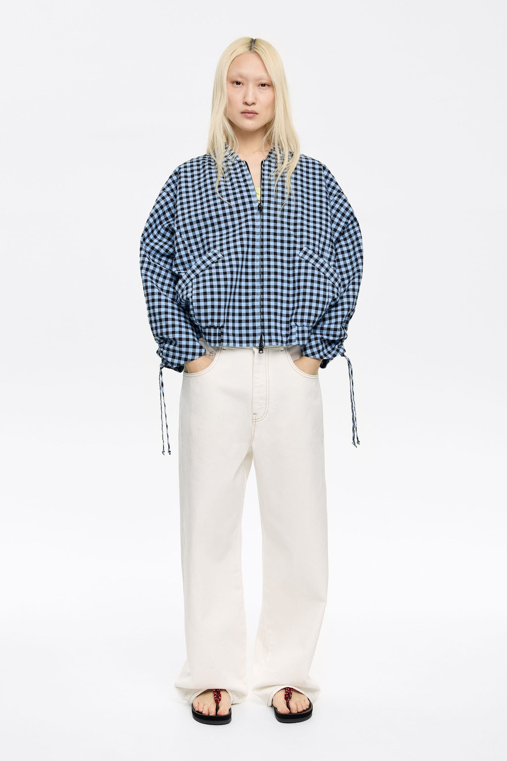 Powder blue checked textured bomber jacket