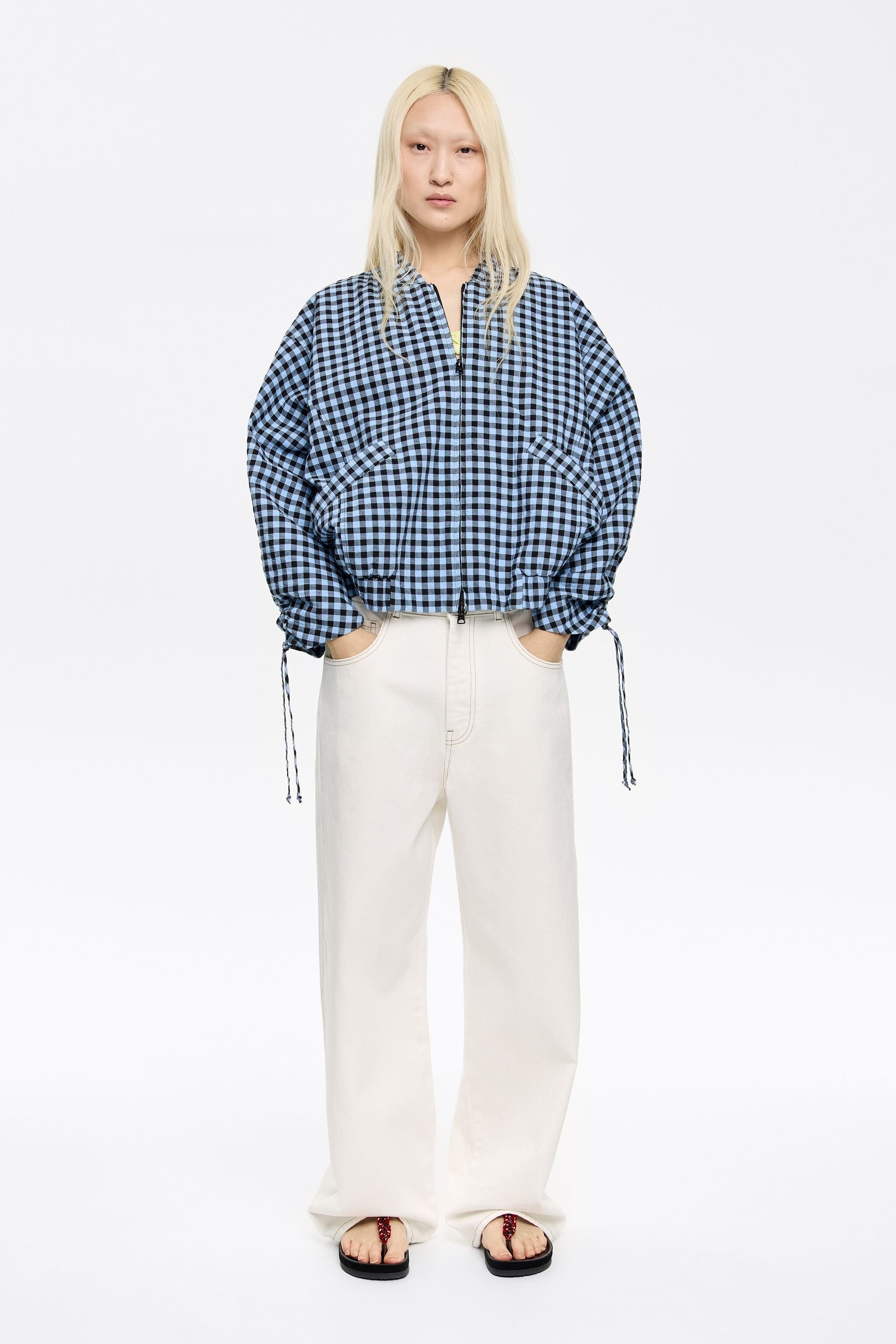 Powder blue checked textured bomber jacket