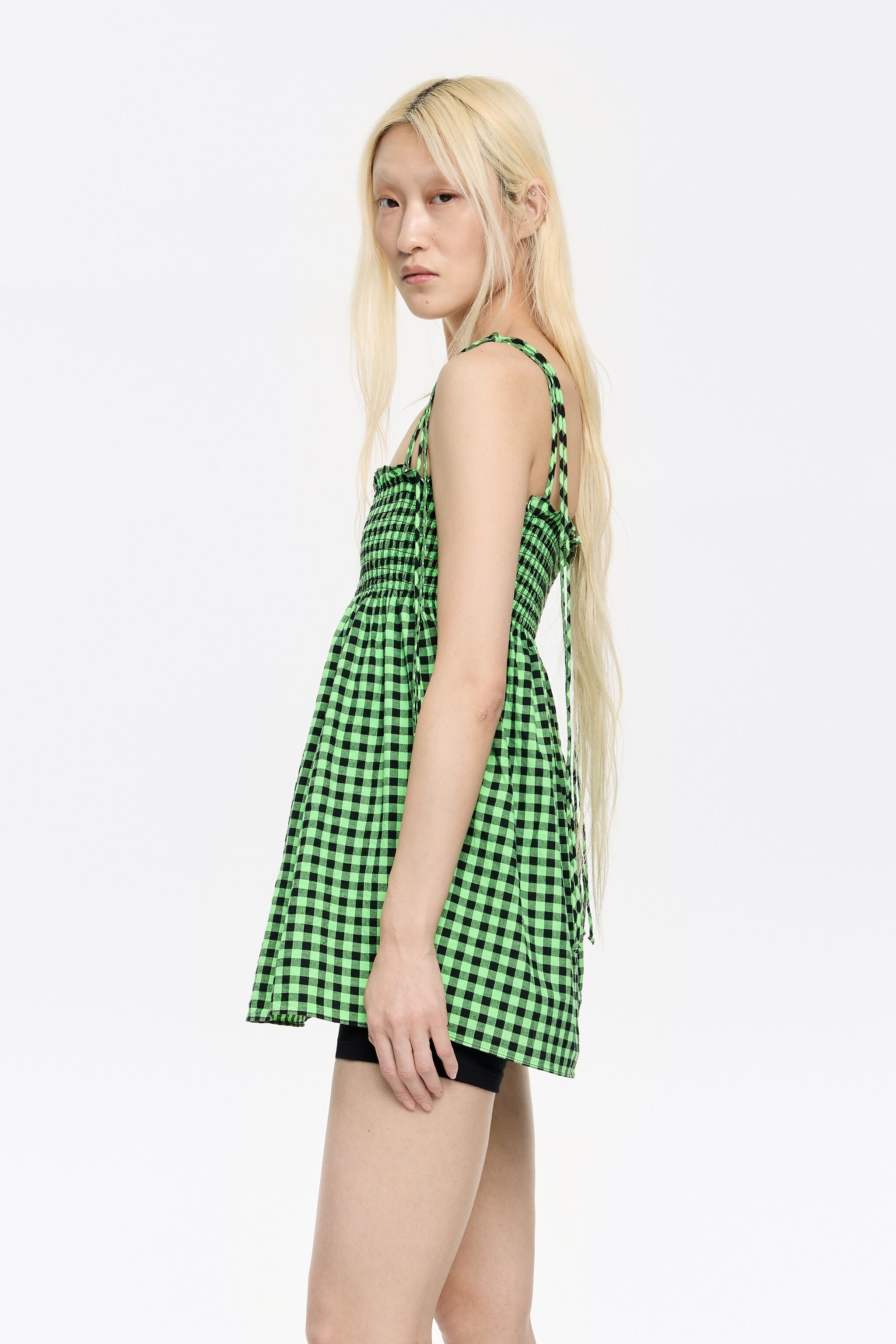 Neon green checked textured top