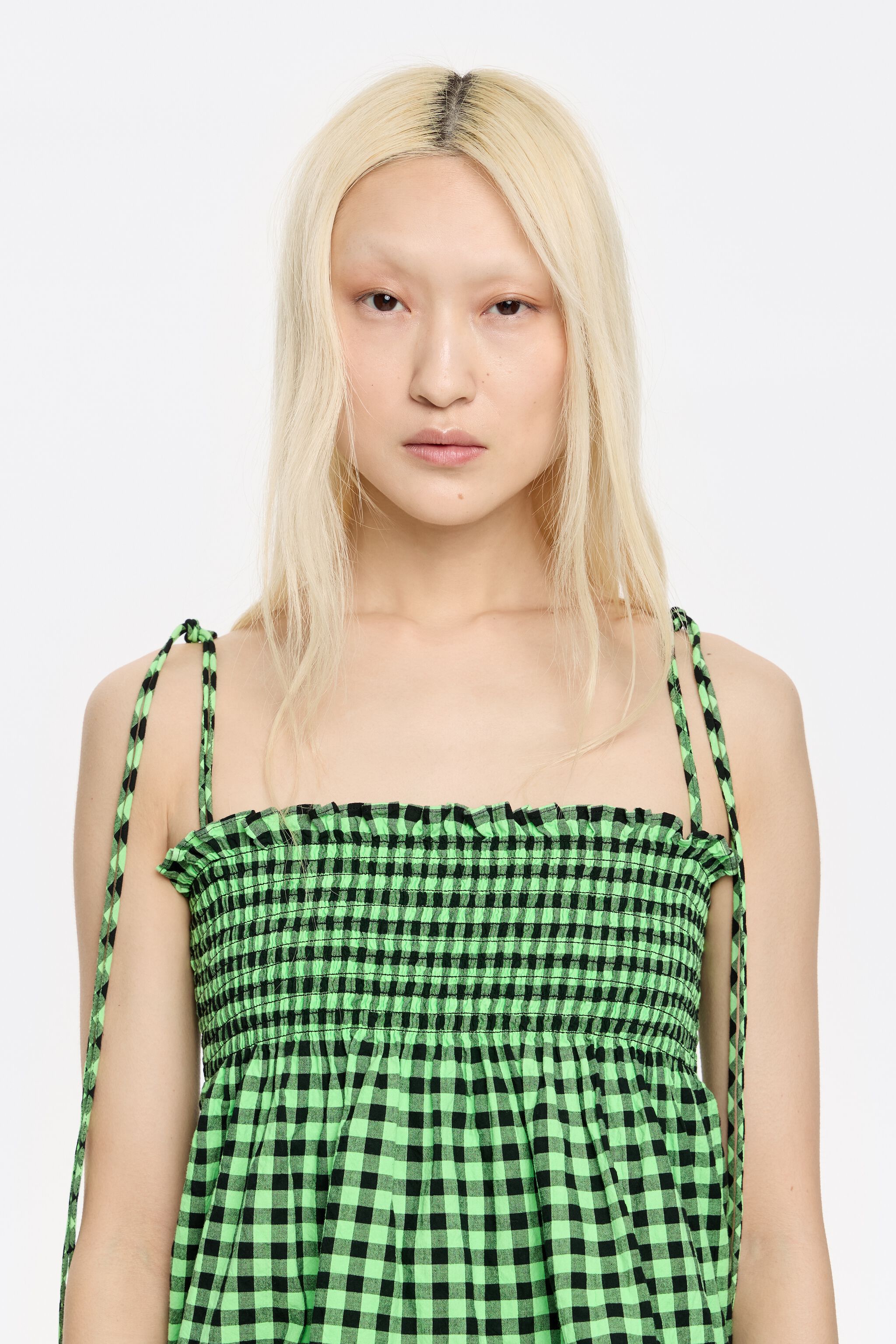 Neon green checked textured top