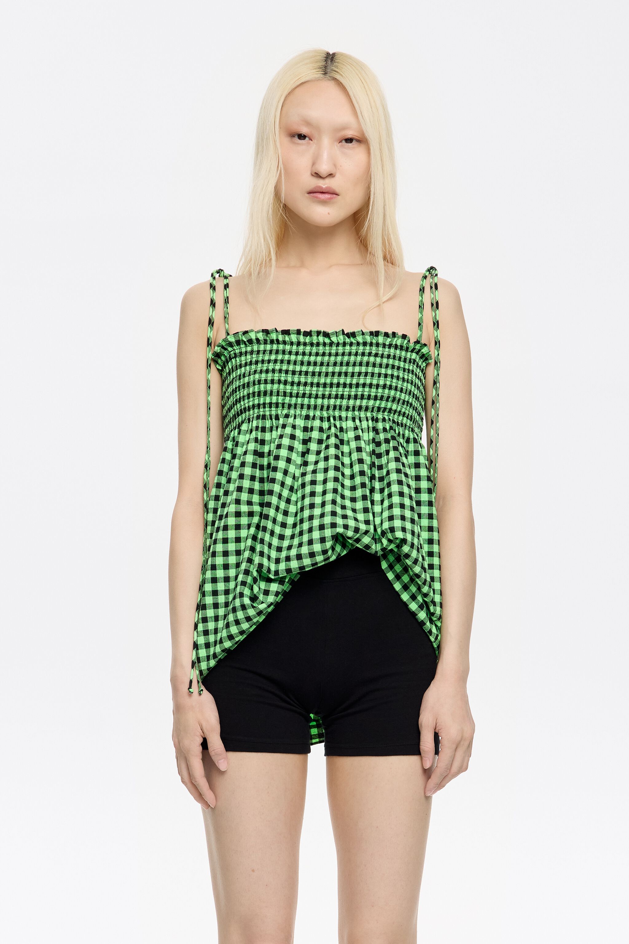 Neon green checked textured top