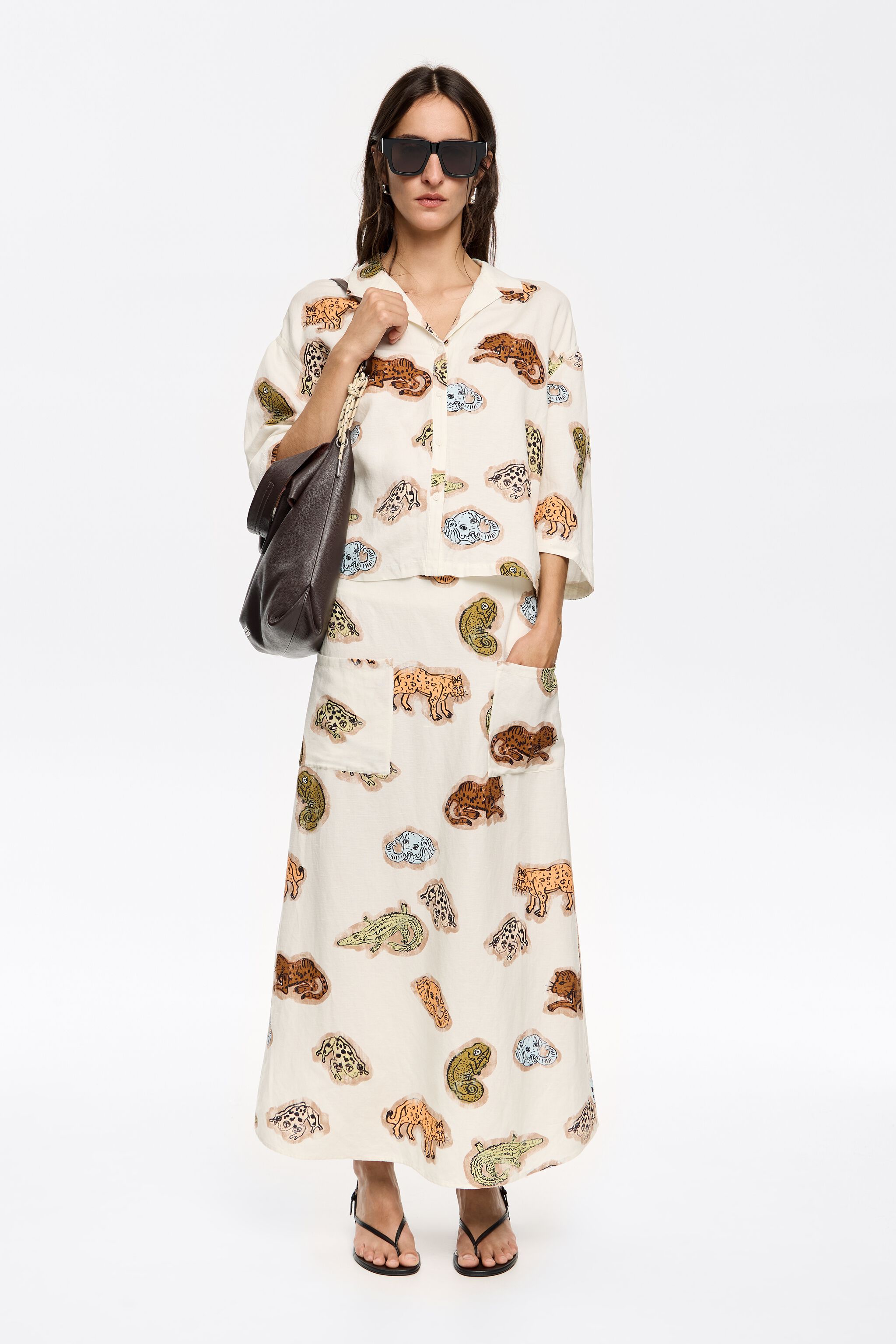 Brown Jungle Community linen boxy shirt