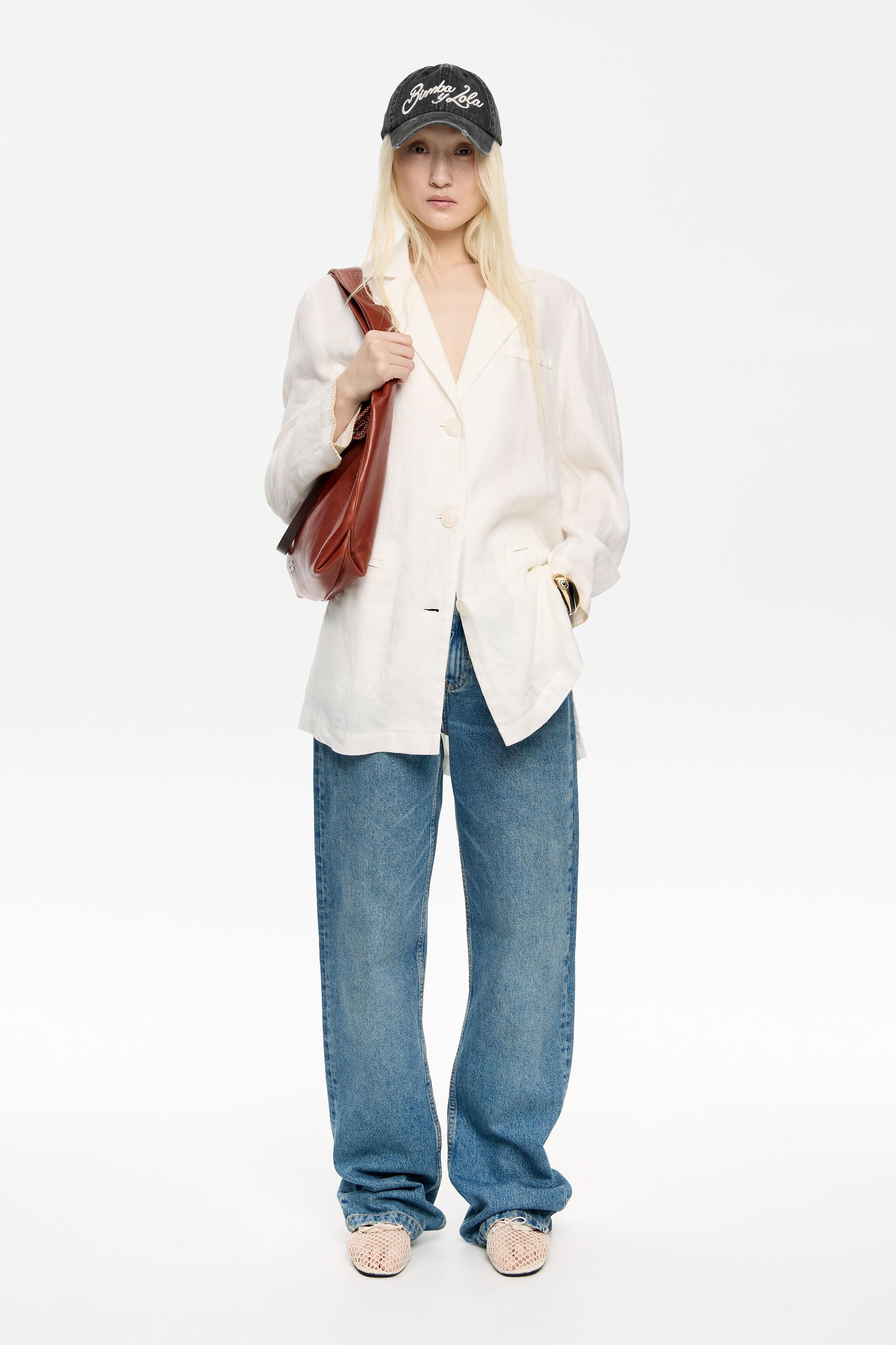 Ivory linen tailored jacket with stitching