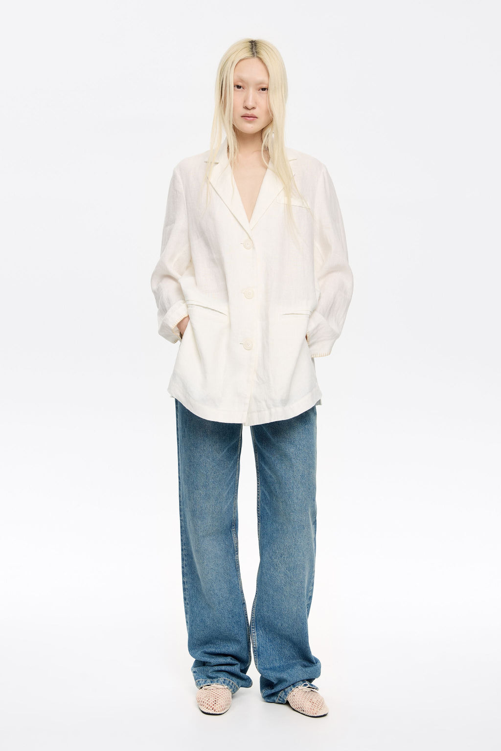 Ivory linen tailored jacket with stitching