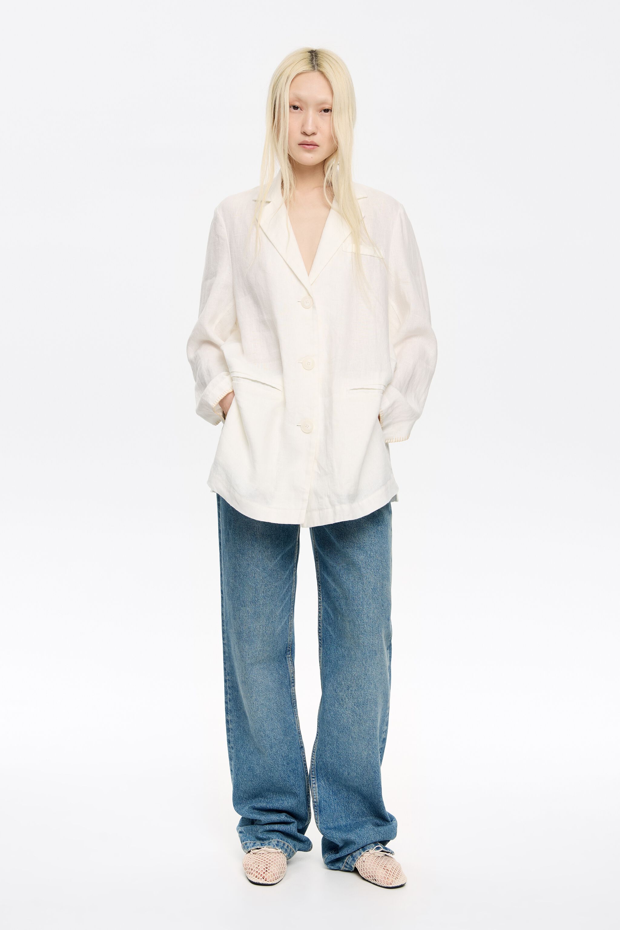 Ivory linen tailored jacket with stitching