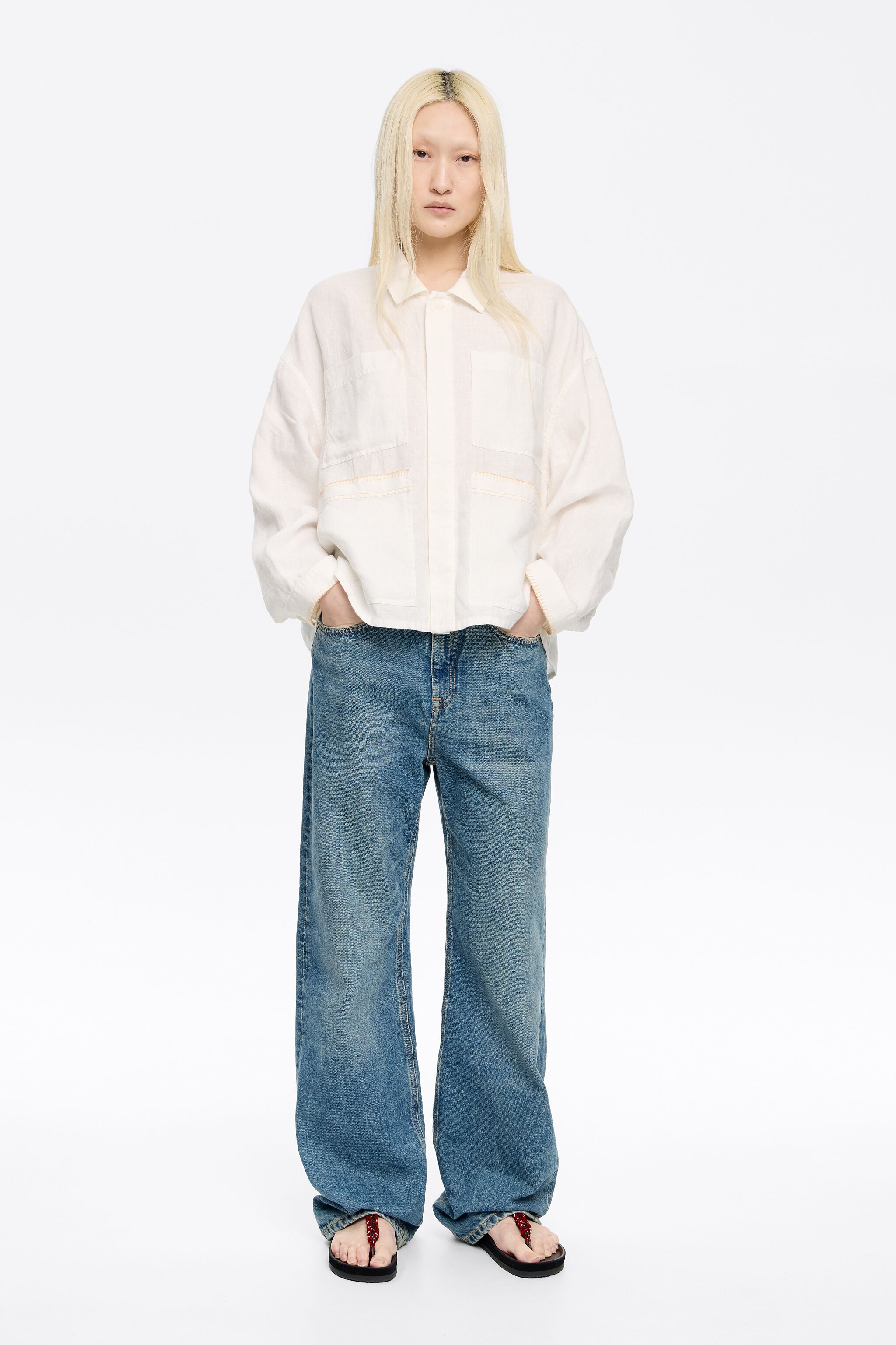 Ivory linen jacket with stitching