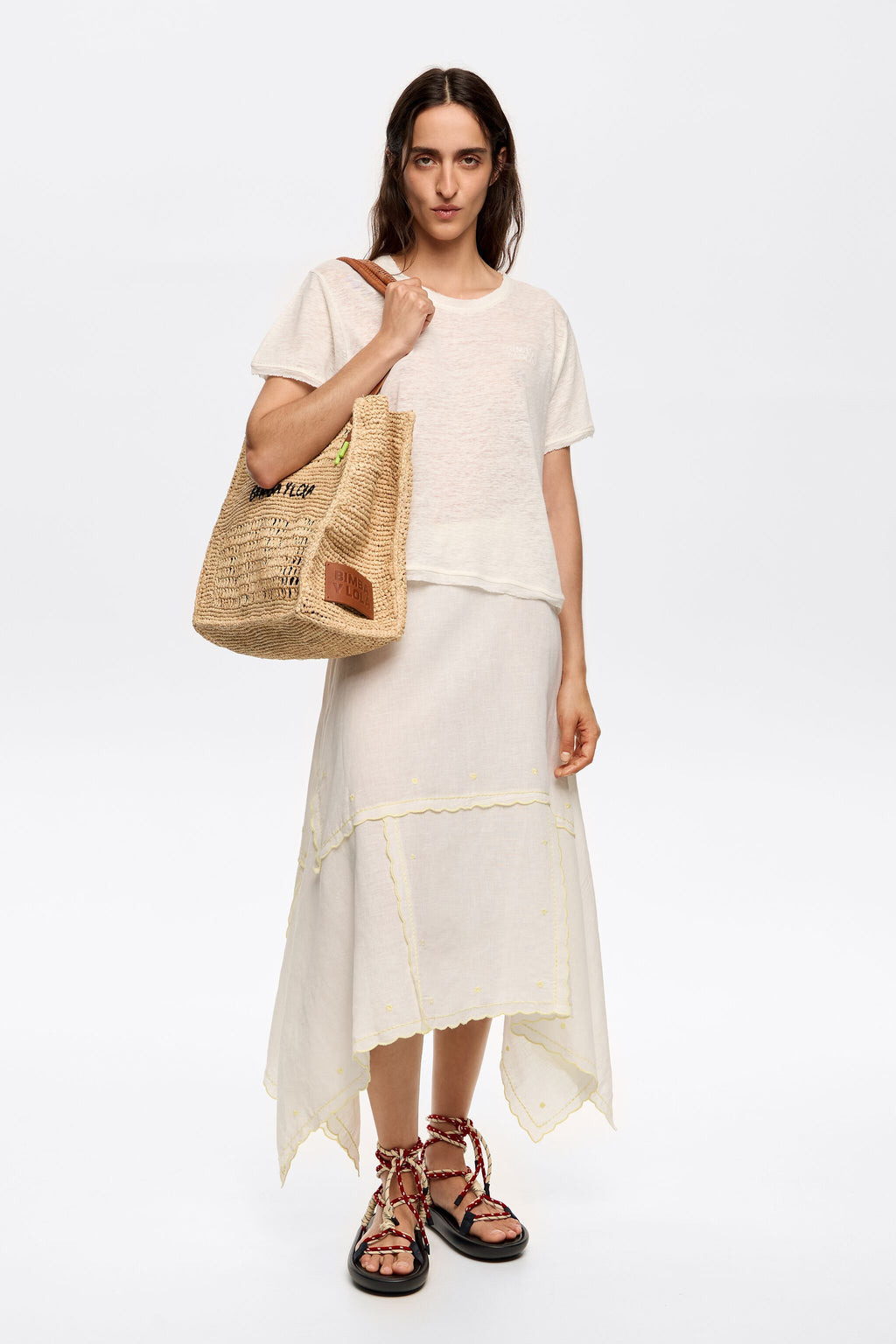 Cream embroidered asymmetric midi skirt