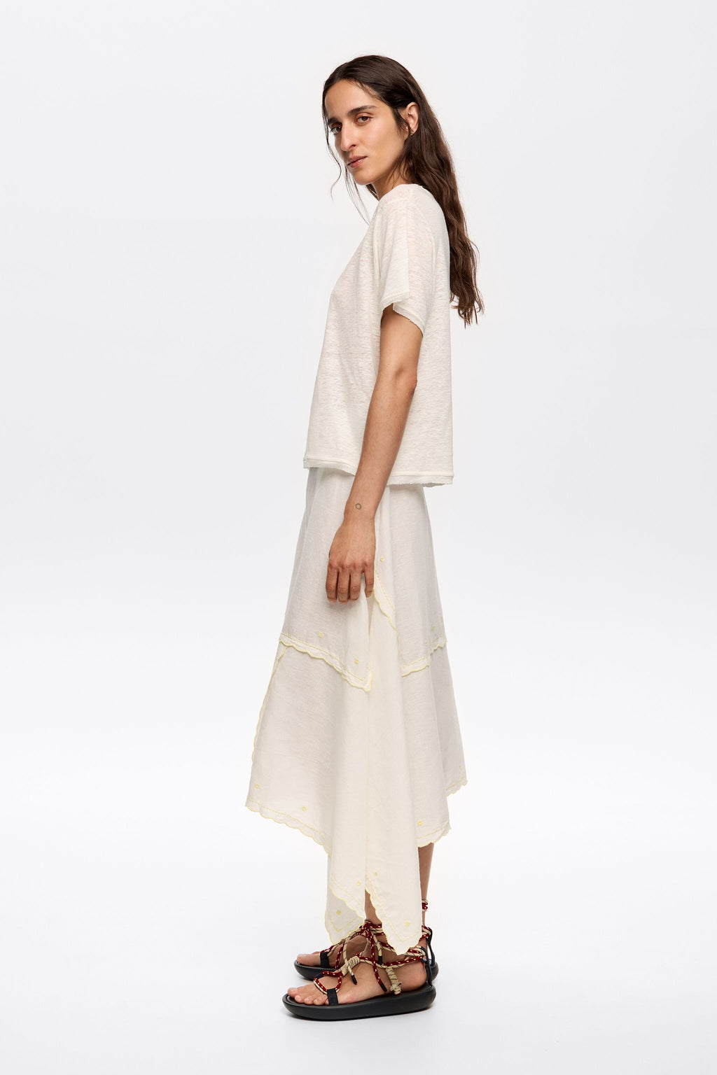 Cream embroidered asymmetric midi skirt