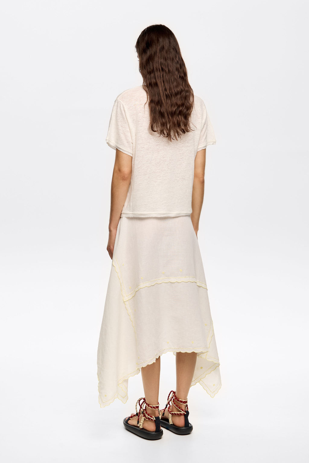 Cream embroidered asymmetric midi skirt