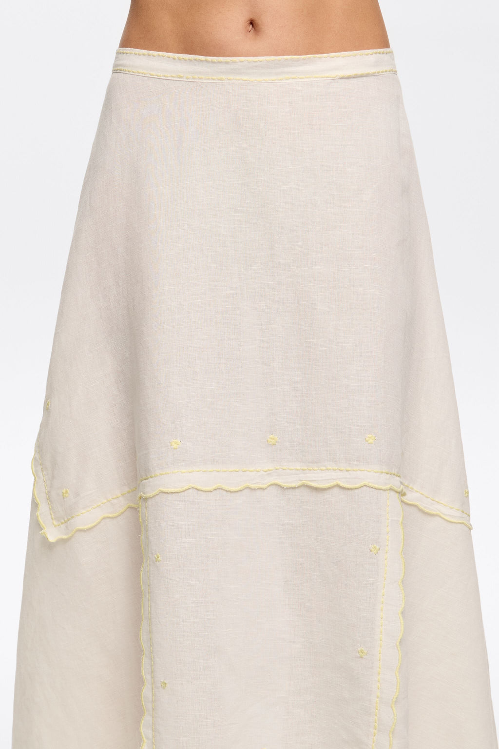 Cream embroidered asymmetric midi skirt
