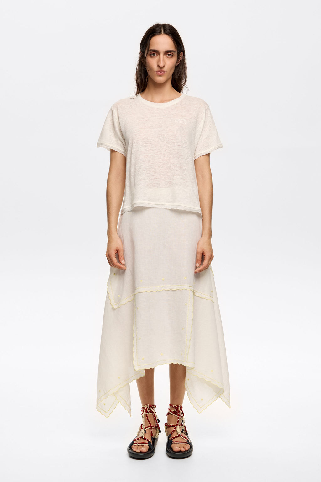 Cream embroidered asymmetric midi skirt