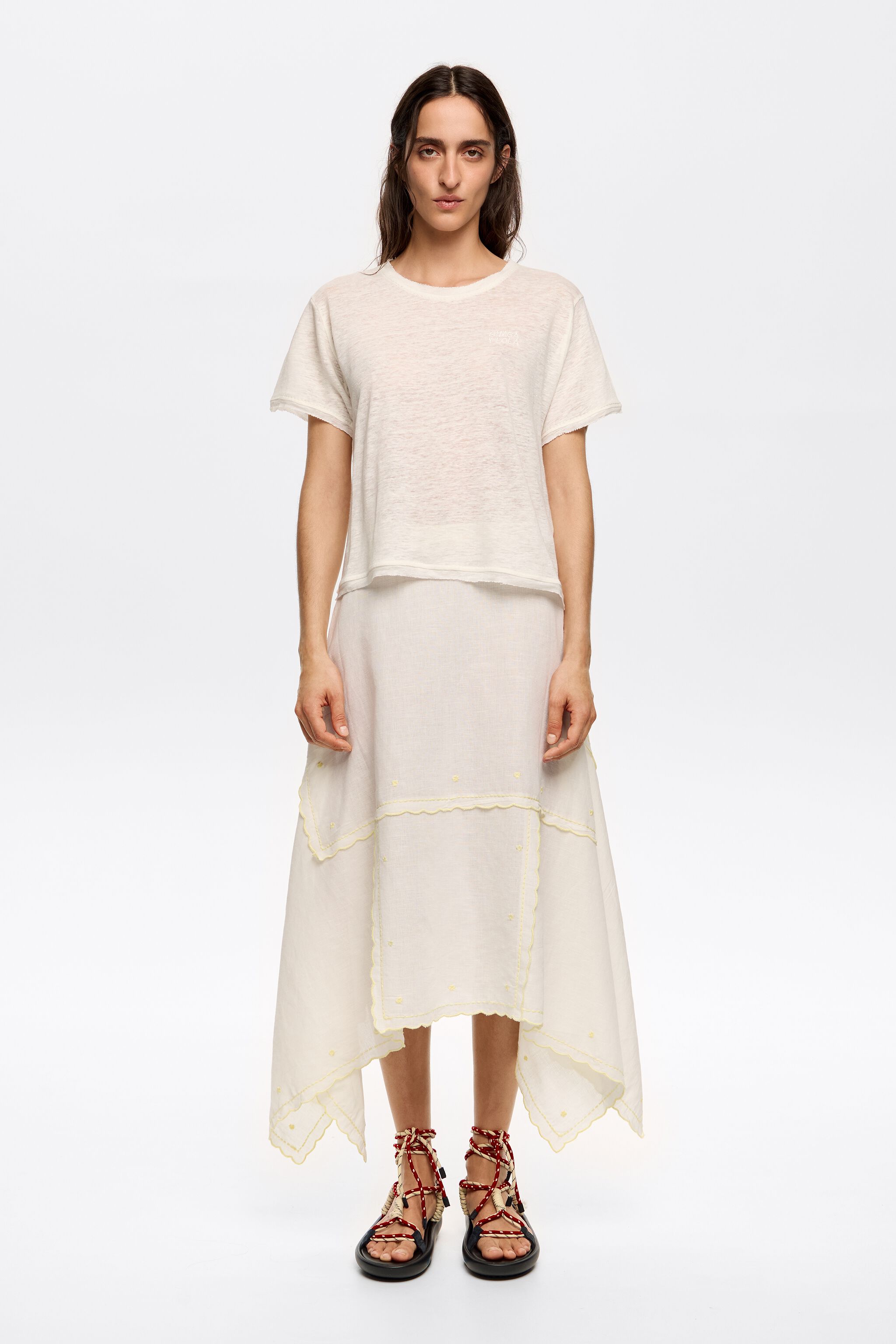 Cream embroidered asymmetric midi skirt