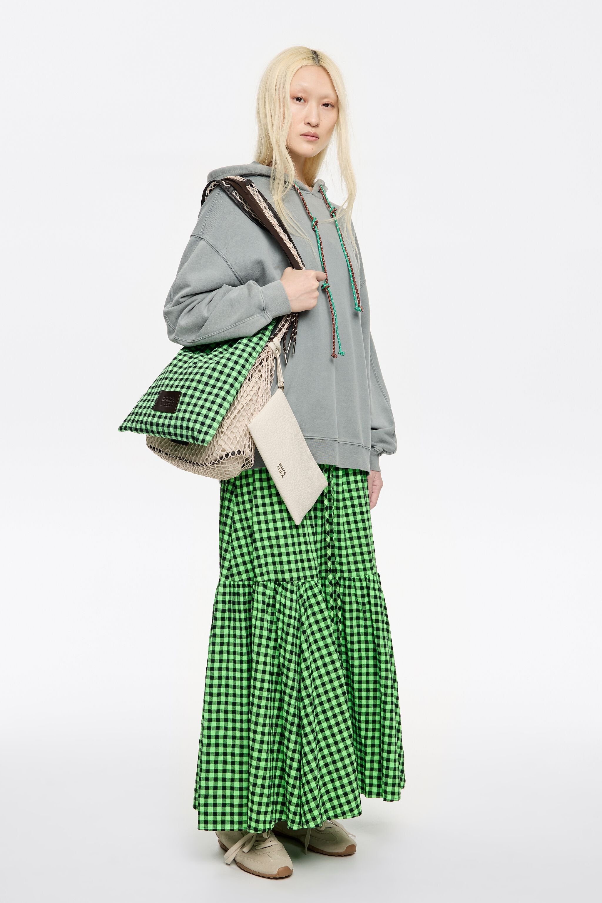 Neon green checked midi skirt