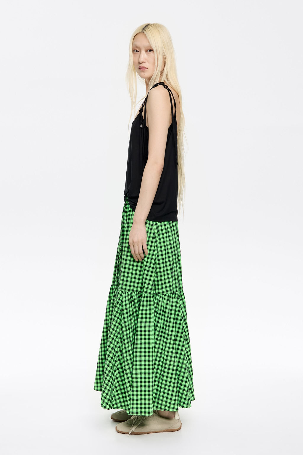 Neon green checked midi skirt