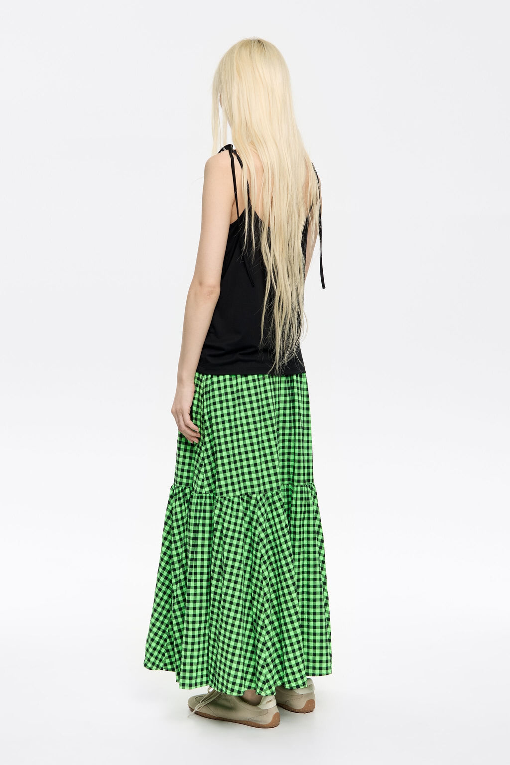 Neon green checked midi skirt