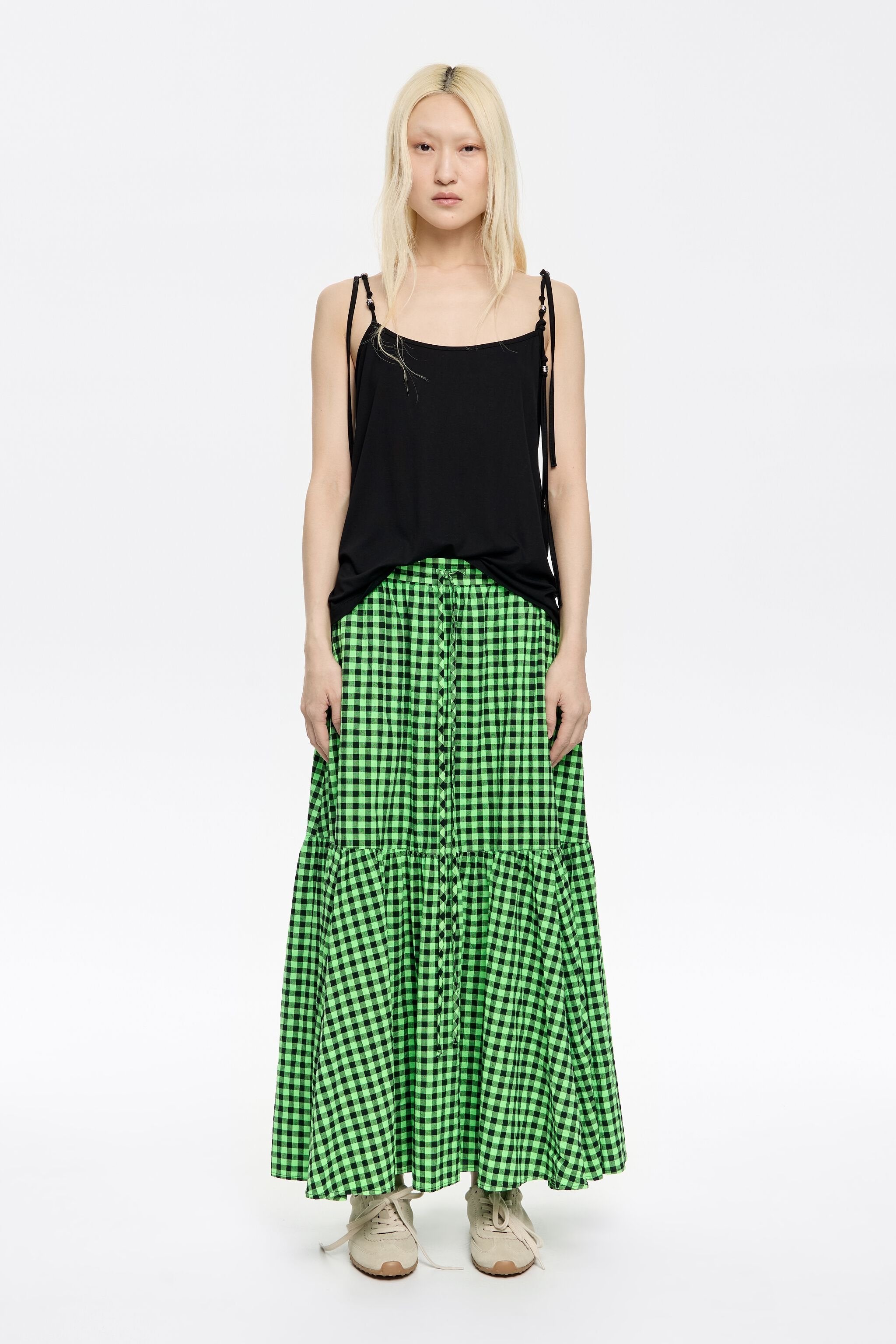 Neon green checked midi skirt