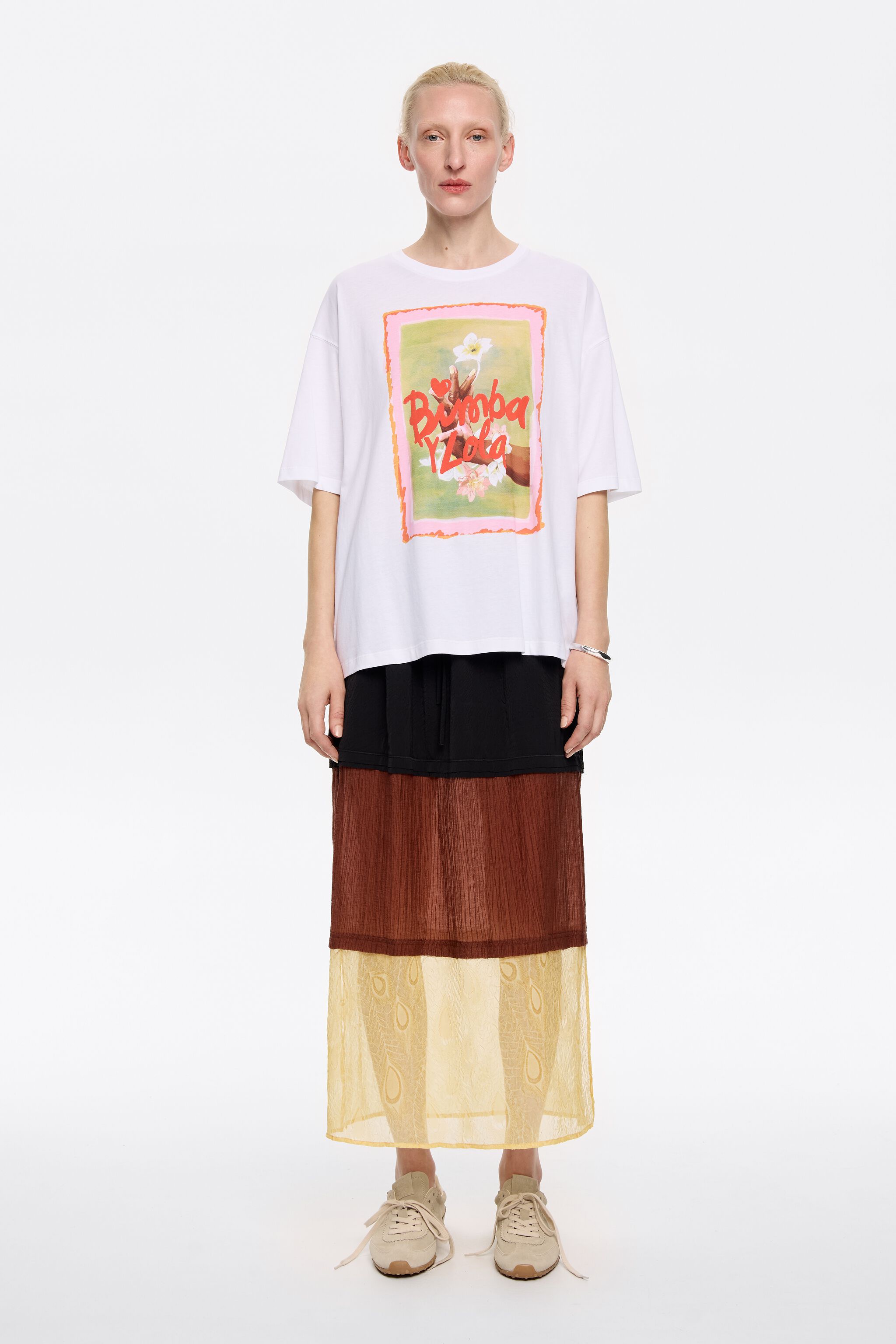 Three-tone straight midi skirt