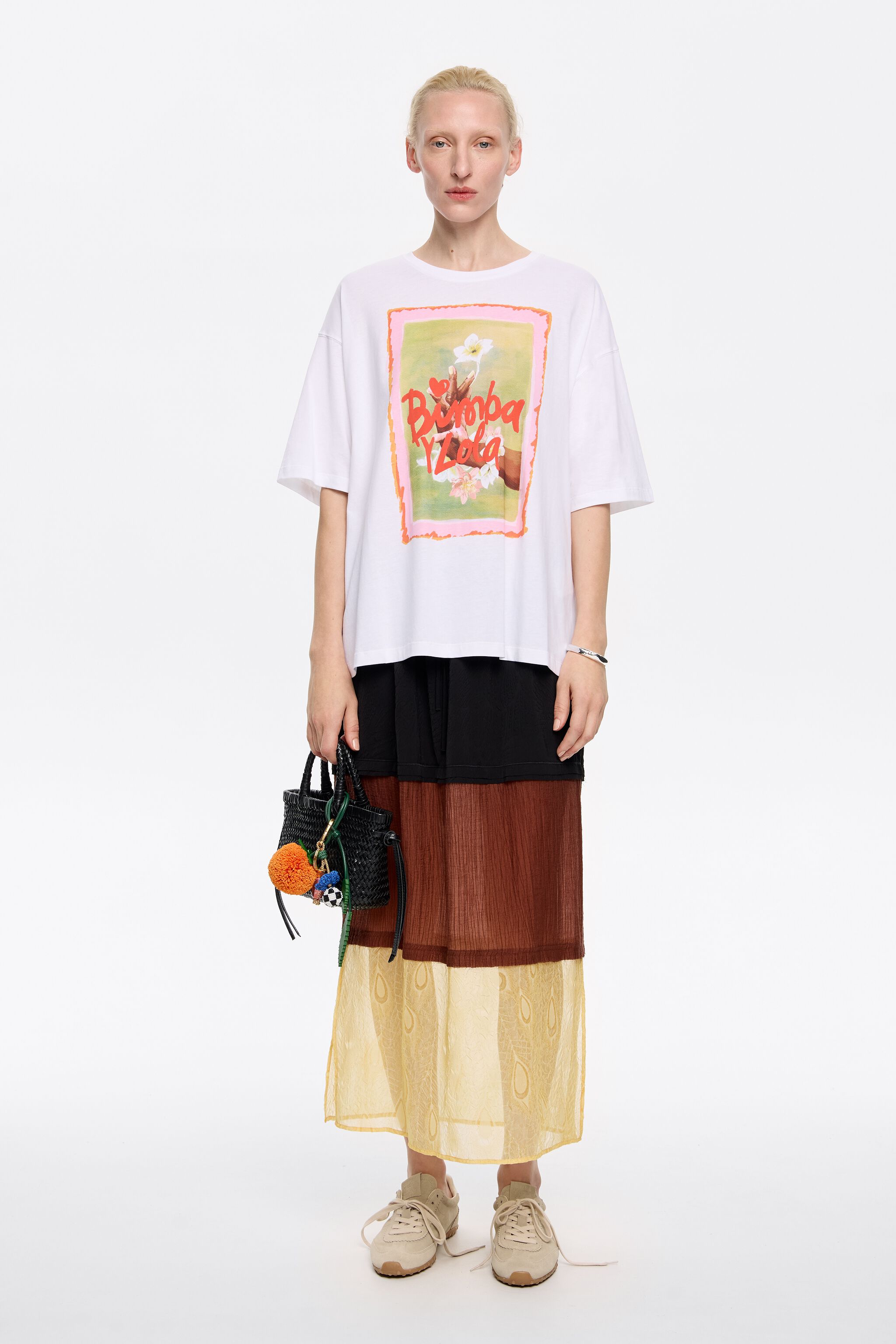 Three-tone straight midi skirt