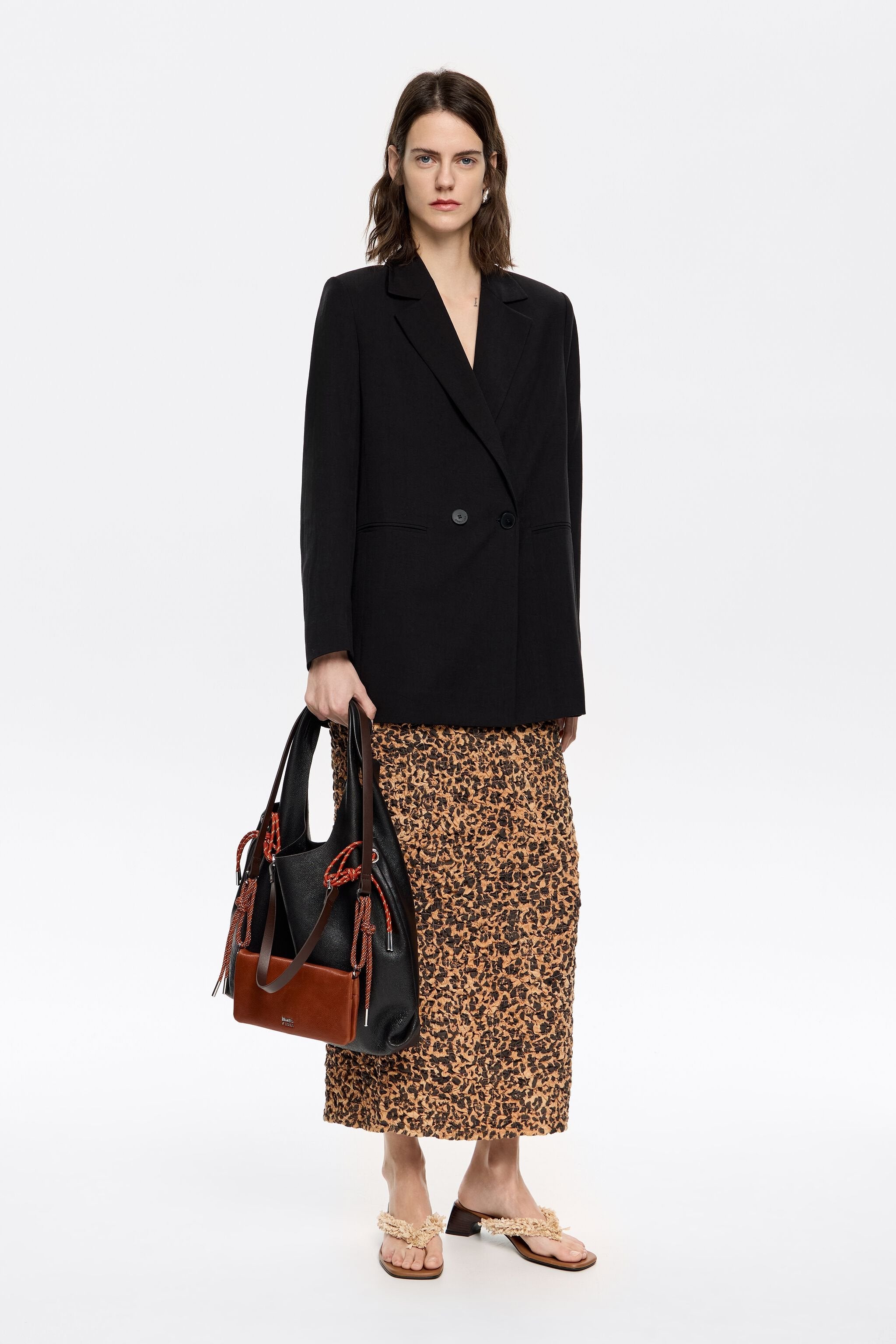 Beige Leopard straight gathered skirt