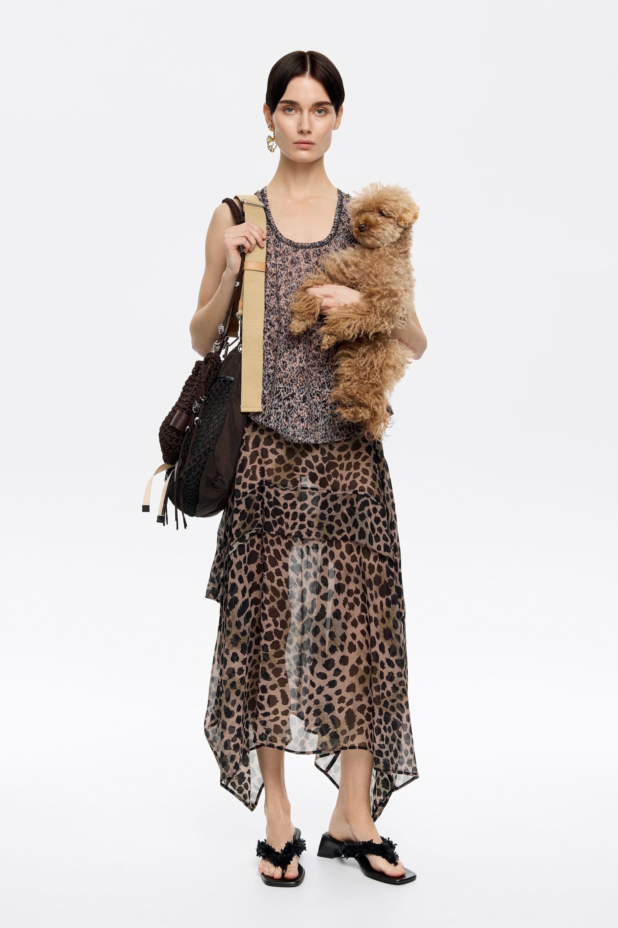 Khaki Cheetah asymmetric fluid skirt