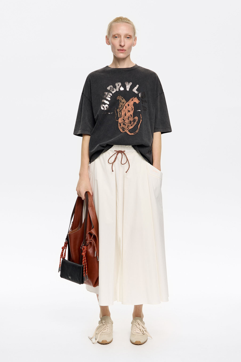 White A-line midi skirt