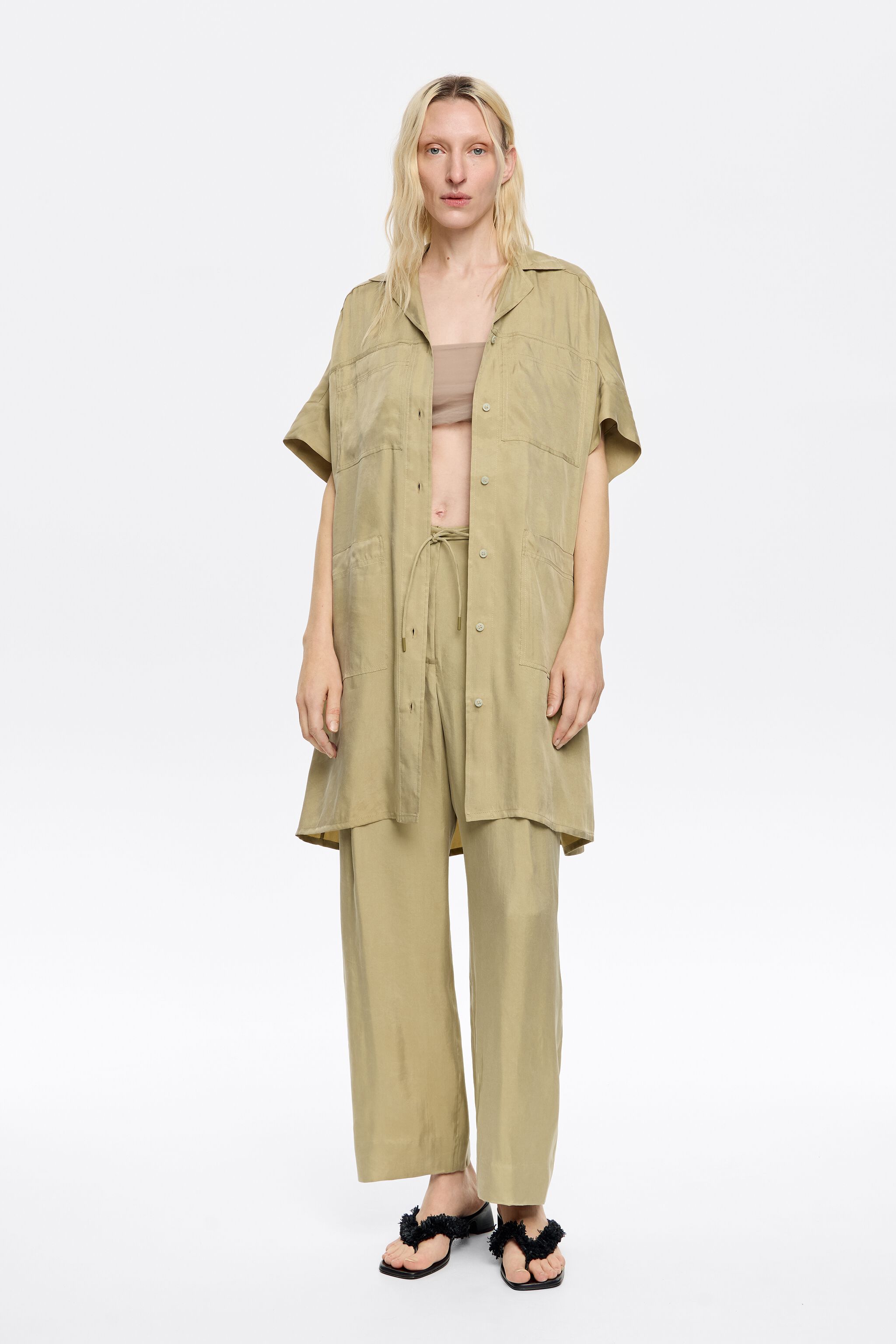 Light khaki fluid darted trousers