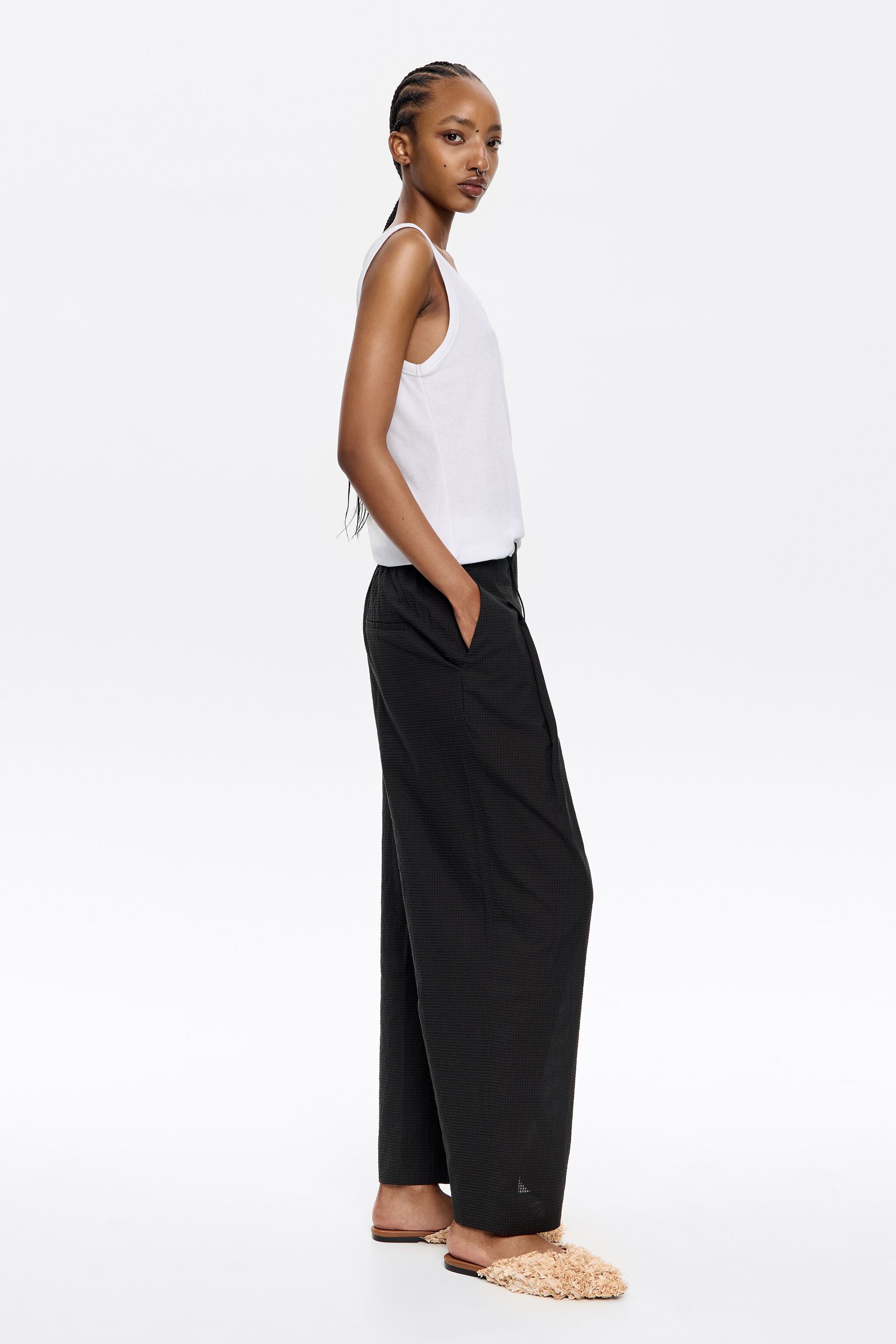 Textured black darted trousers