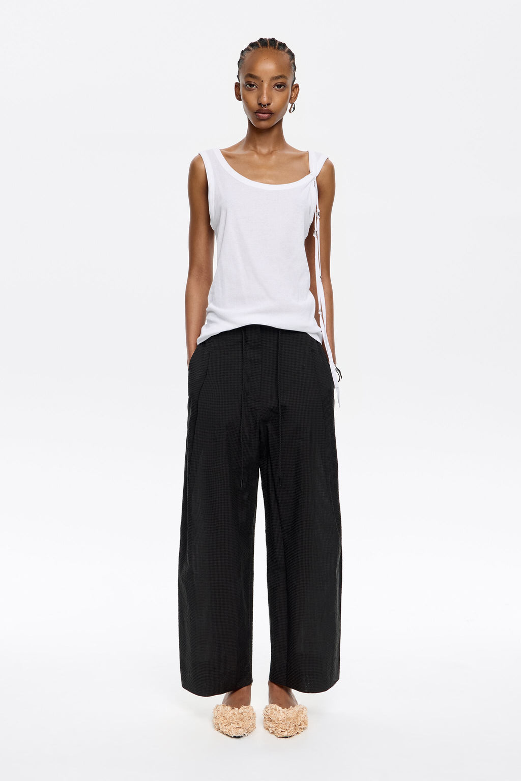 Textured black darted trousers