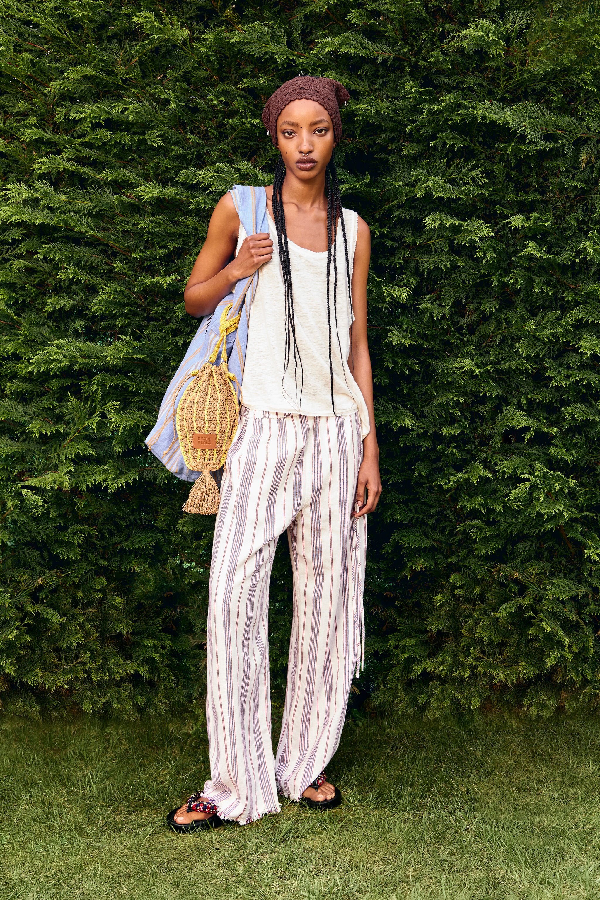 Ivory striped linen frayed jogger trousers