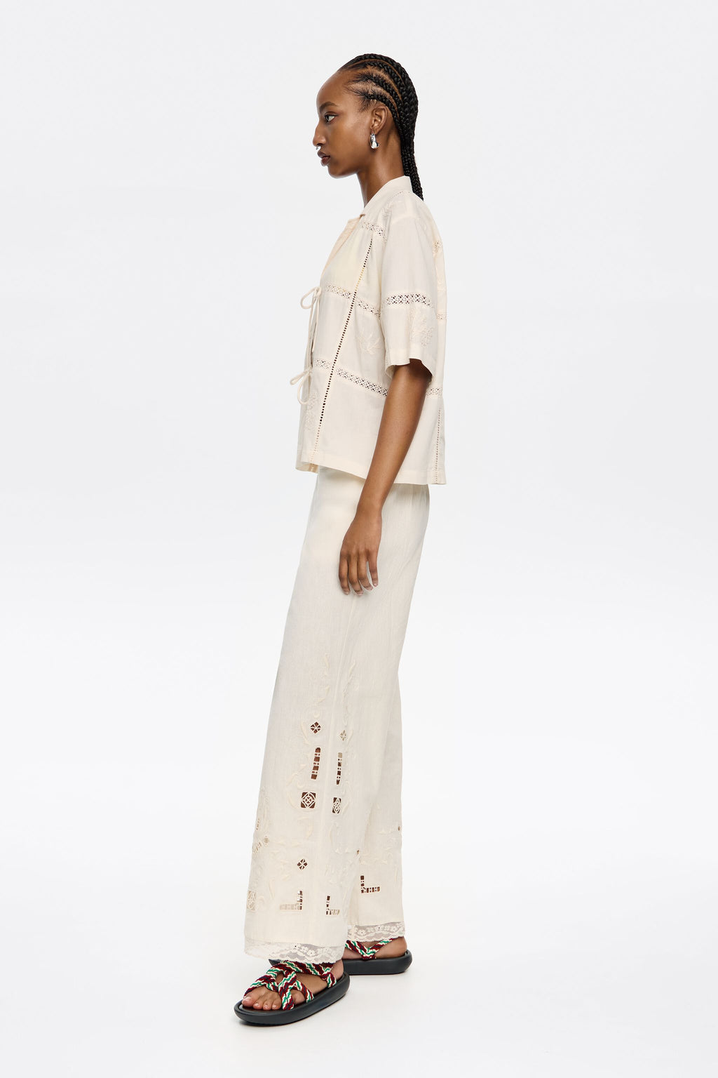 Cream linen embroidered straight trousers
