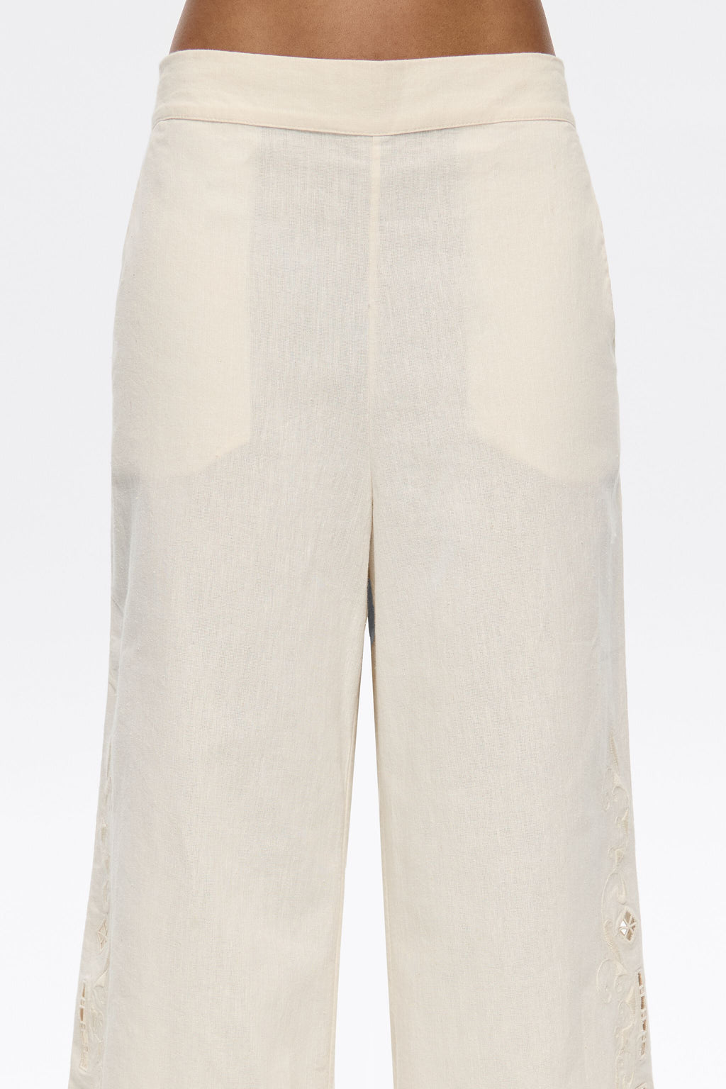 Cream linen embroidered straight trousers