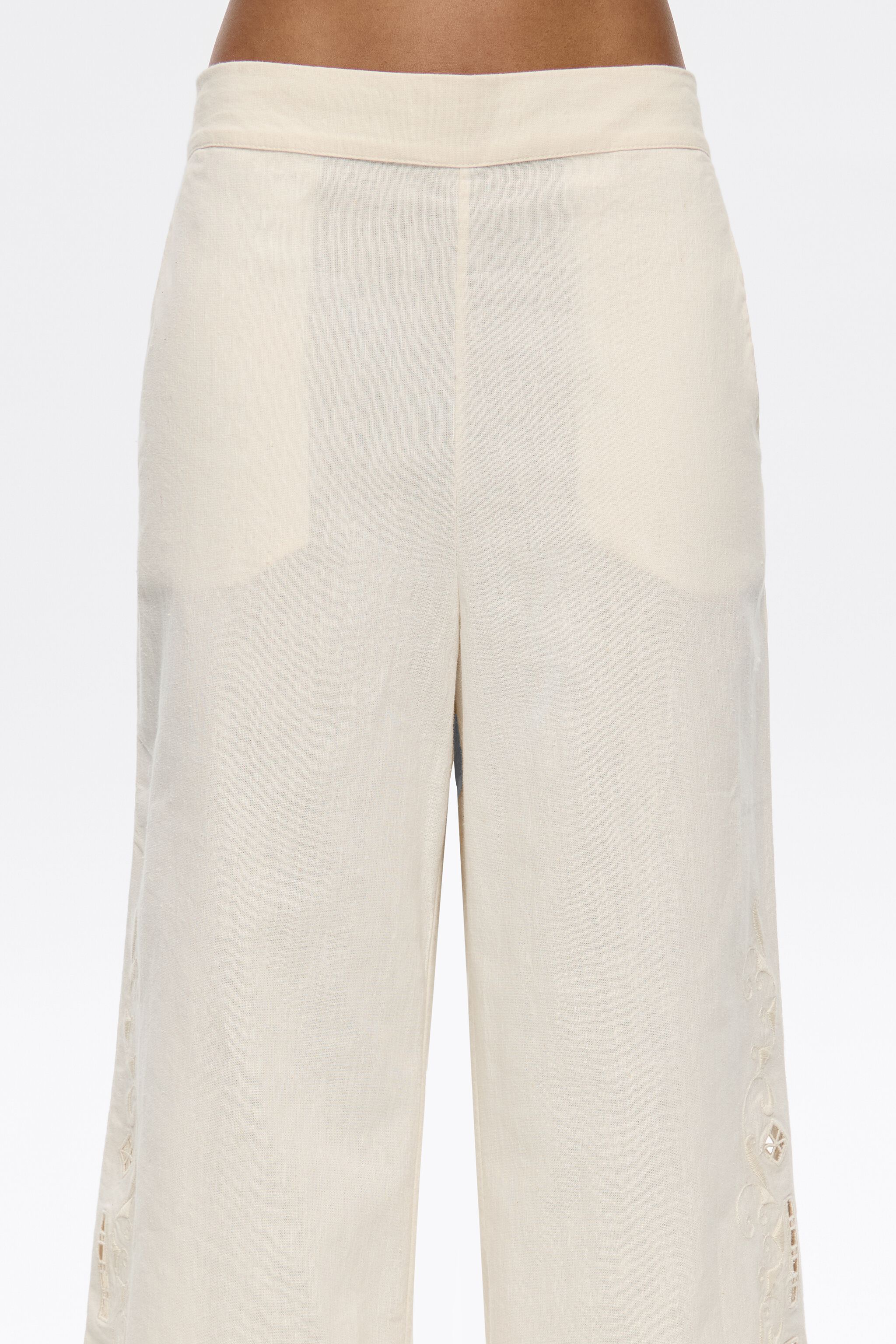 Cream linen embroidered straight trousers