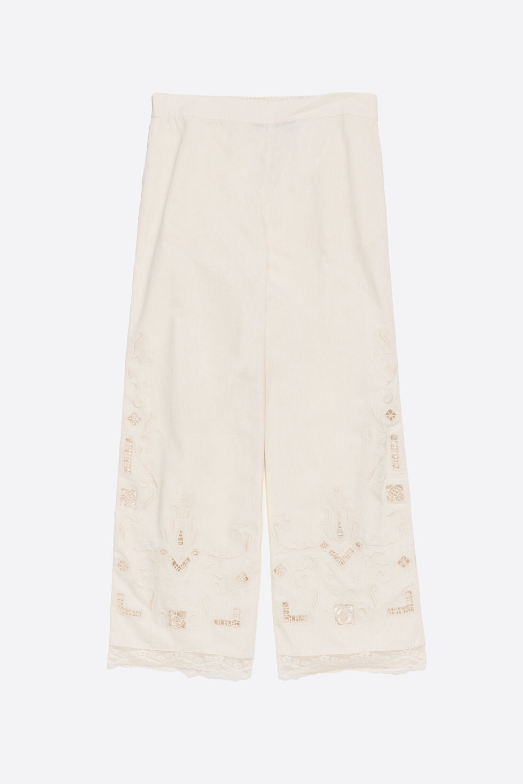 Cream linen embroidered straight trousers