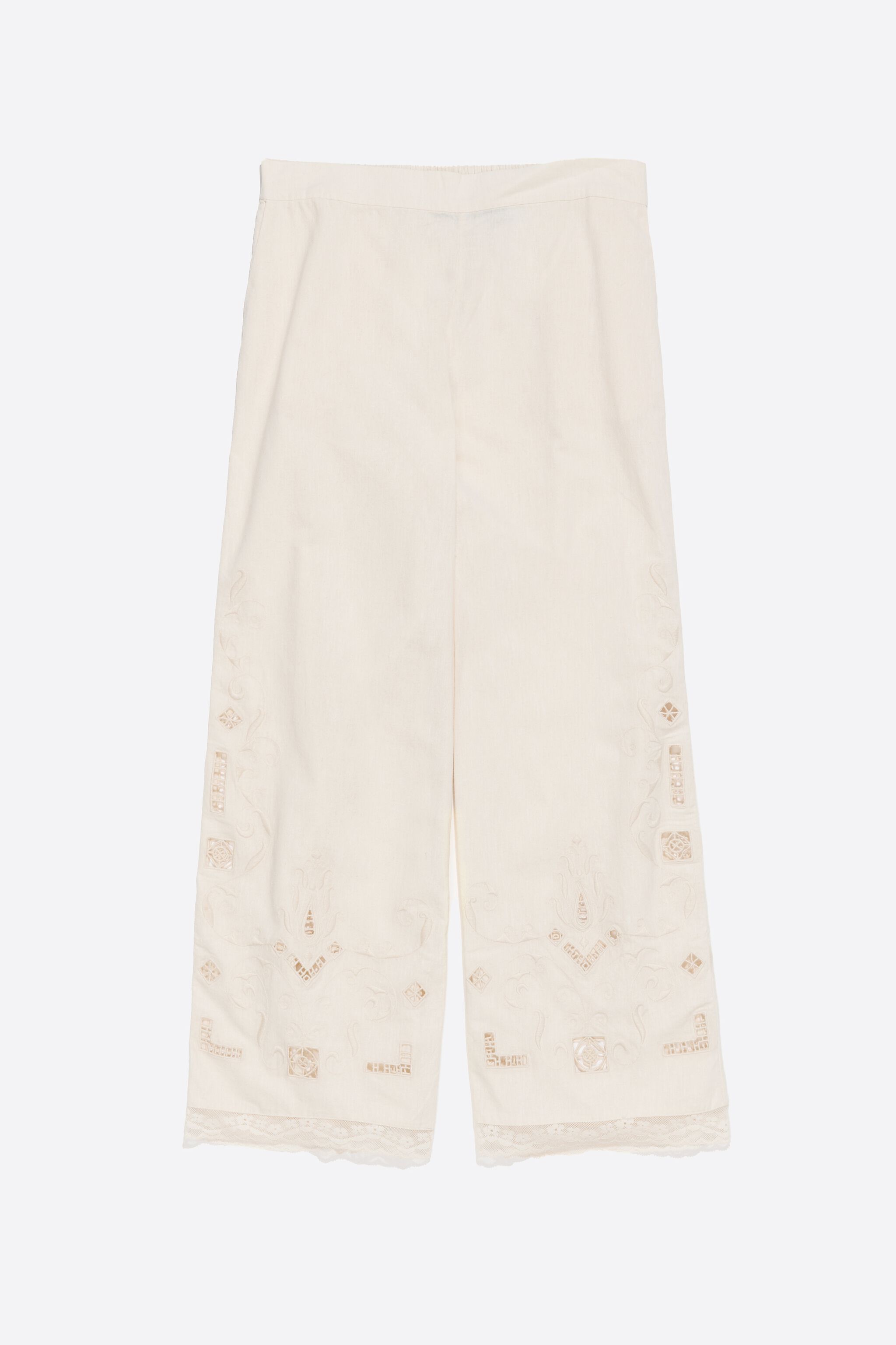 Cream linen embroidered straight trousers
