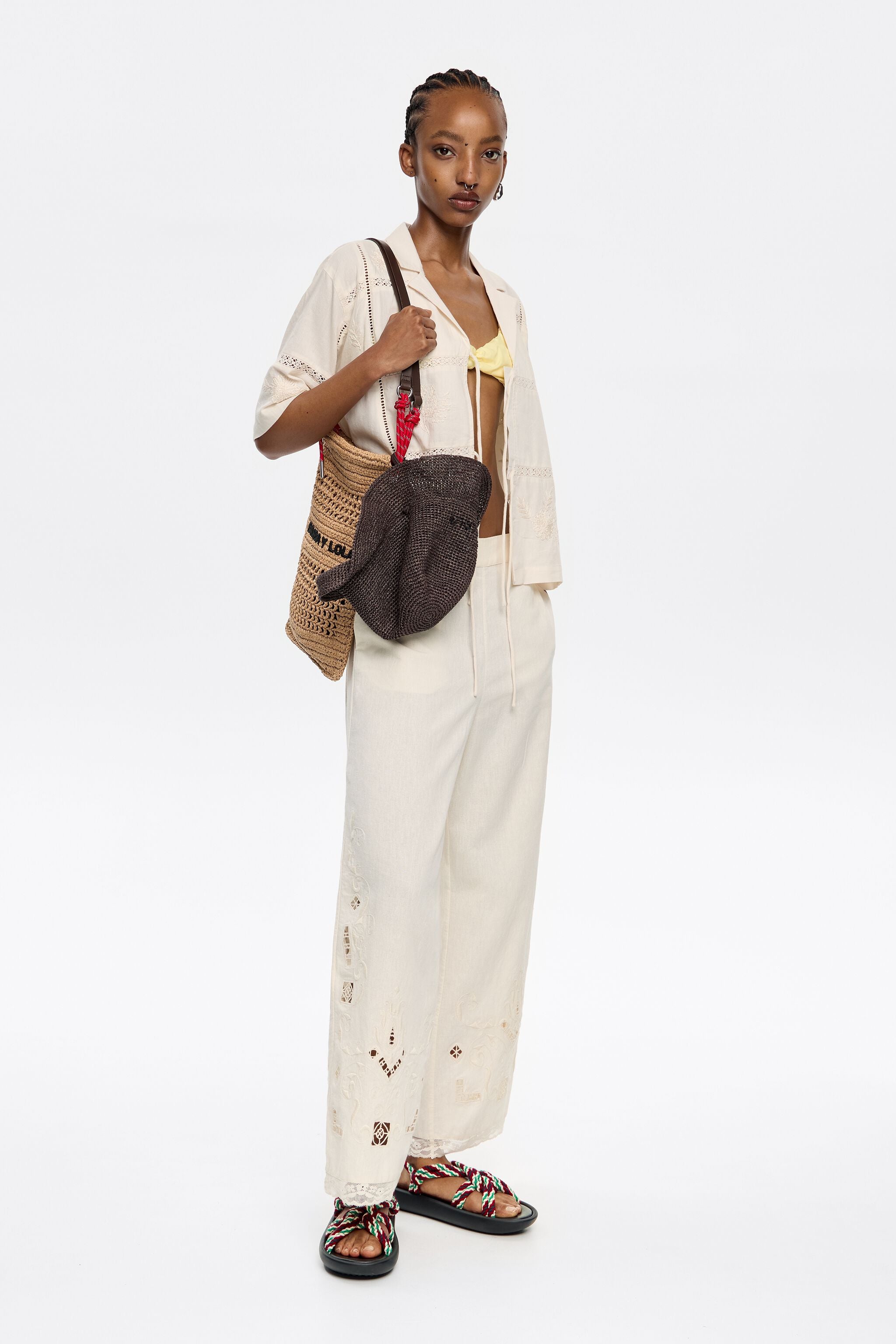 Cream linen embroidered straight trousers