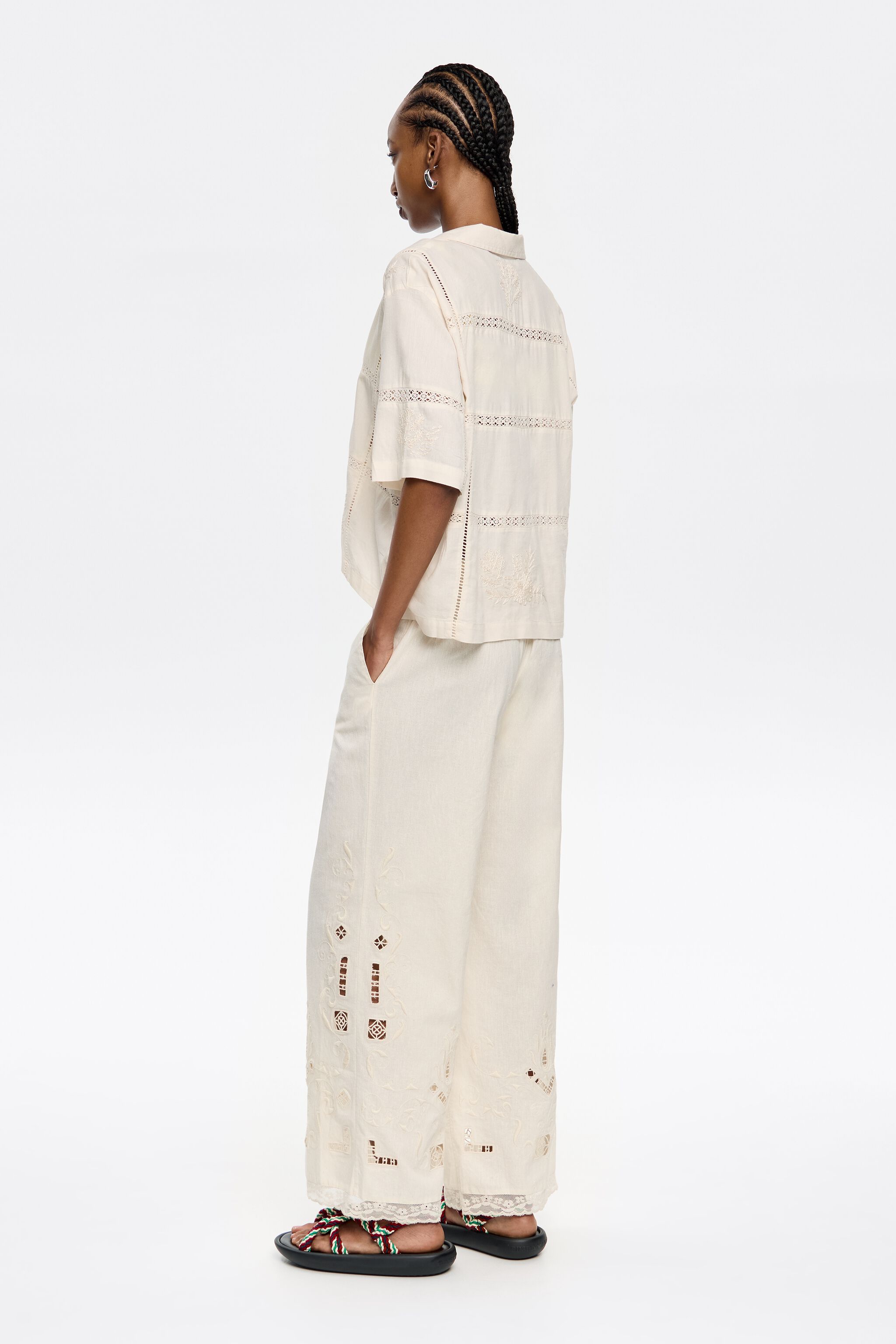 Cream linen embroidered straight trousers