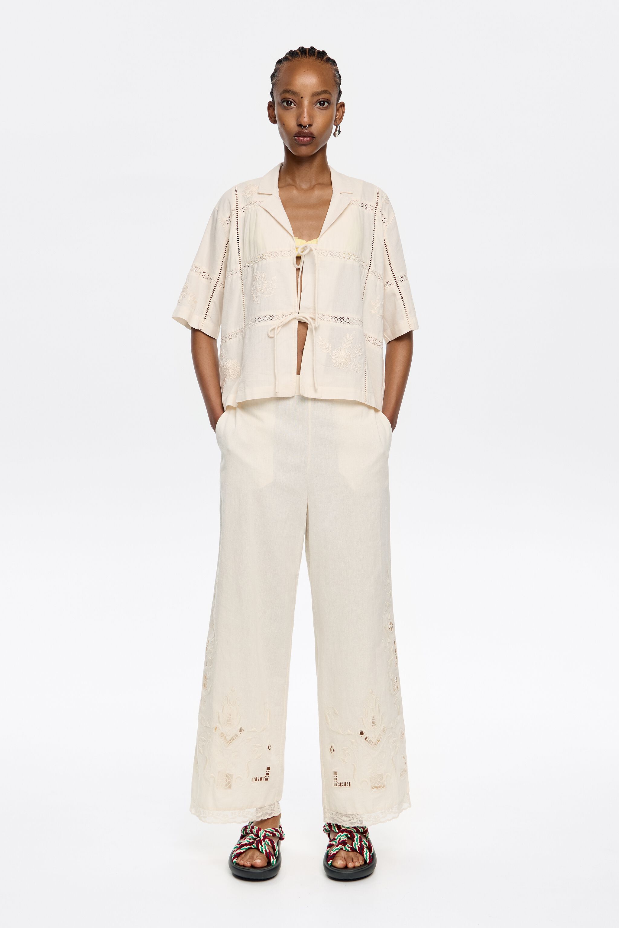 Cream linen embroidered straight trousers
