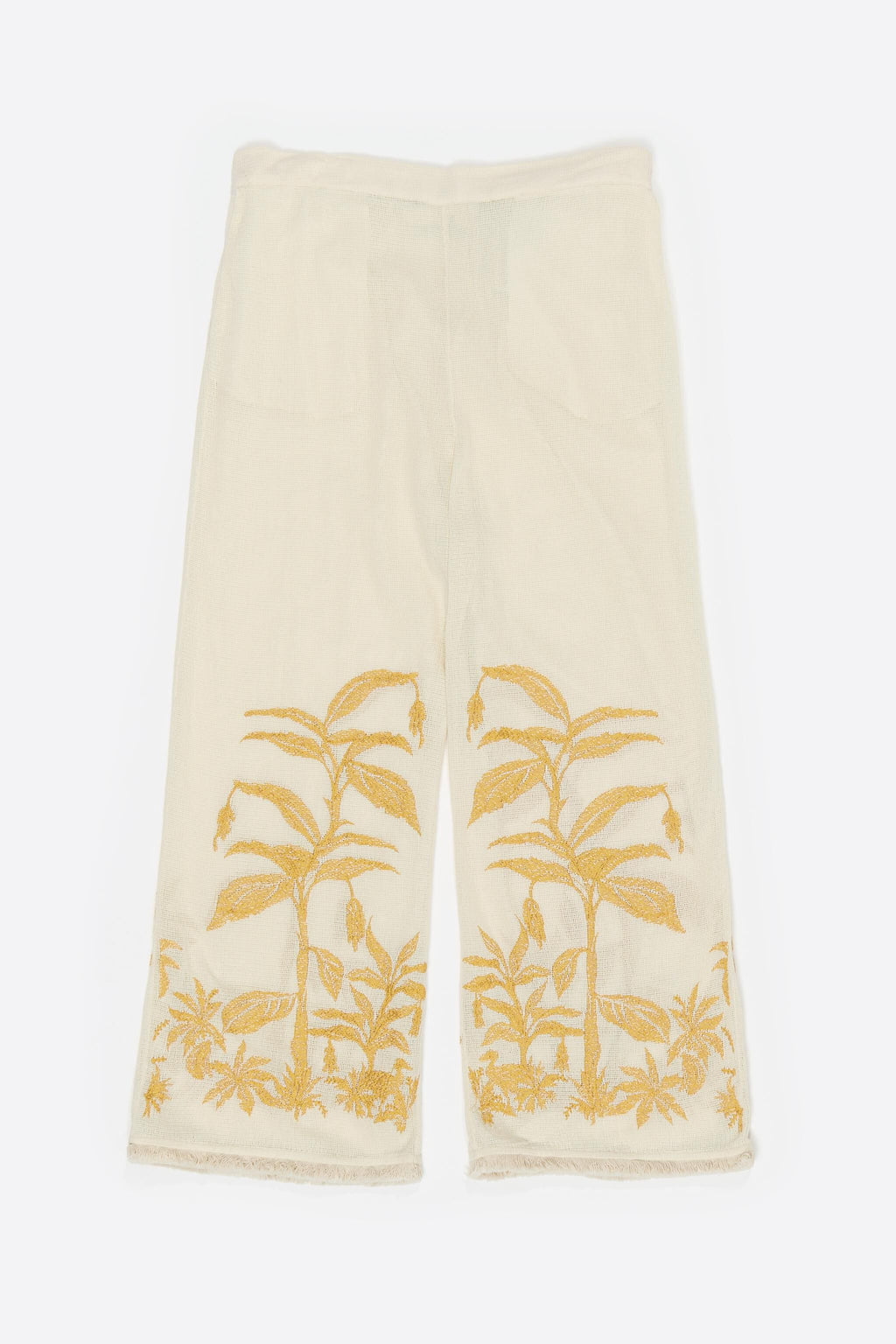 Straight vanilla trousers with embroidery and frayed details