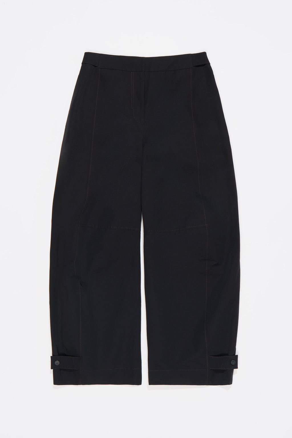 Black technical fabric barrel leg trousers