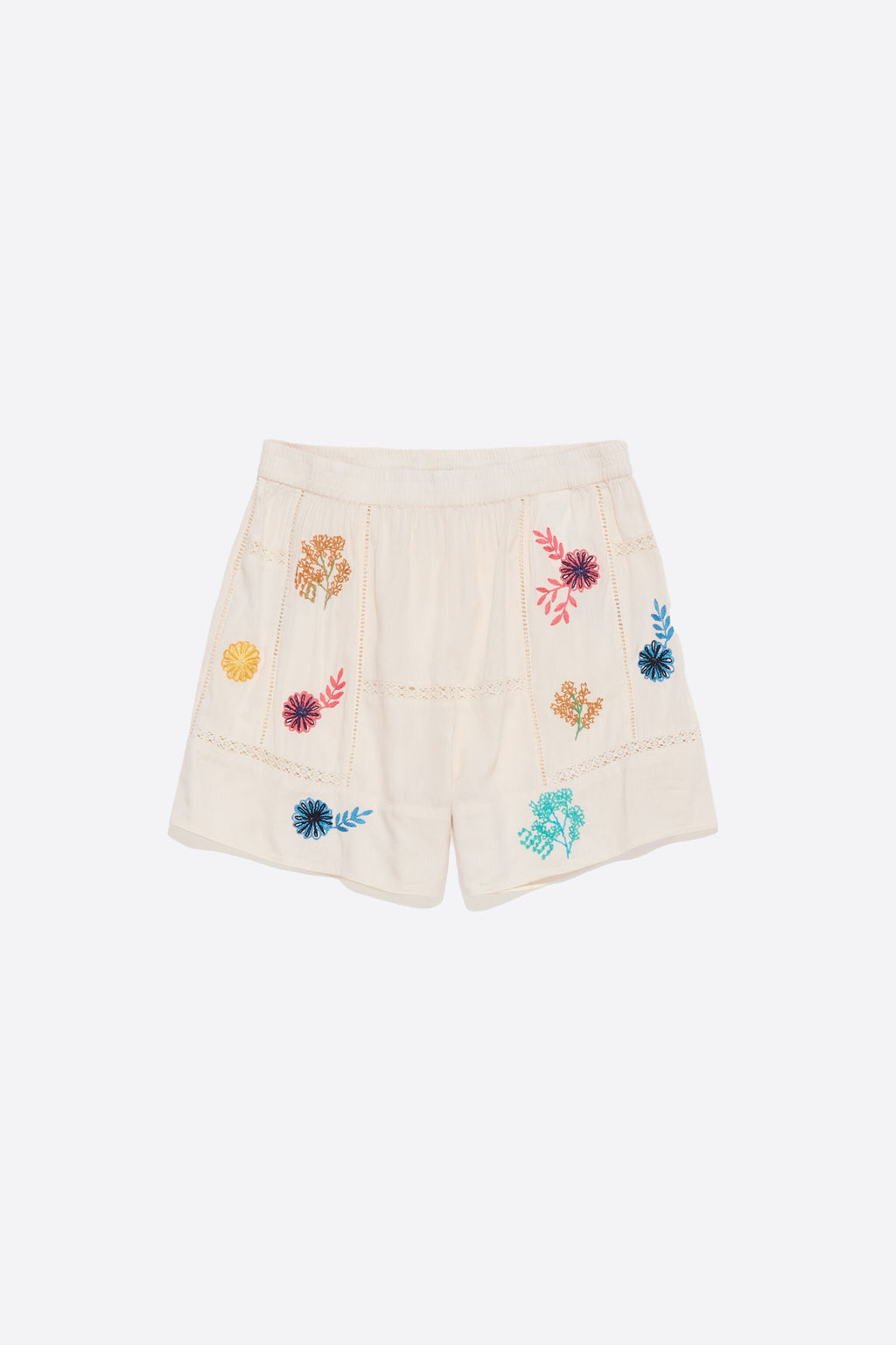 Cream Bermuda shorts with multicolor embroidery