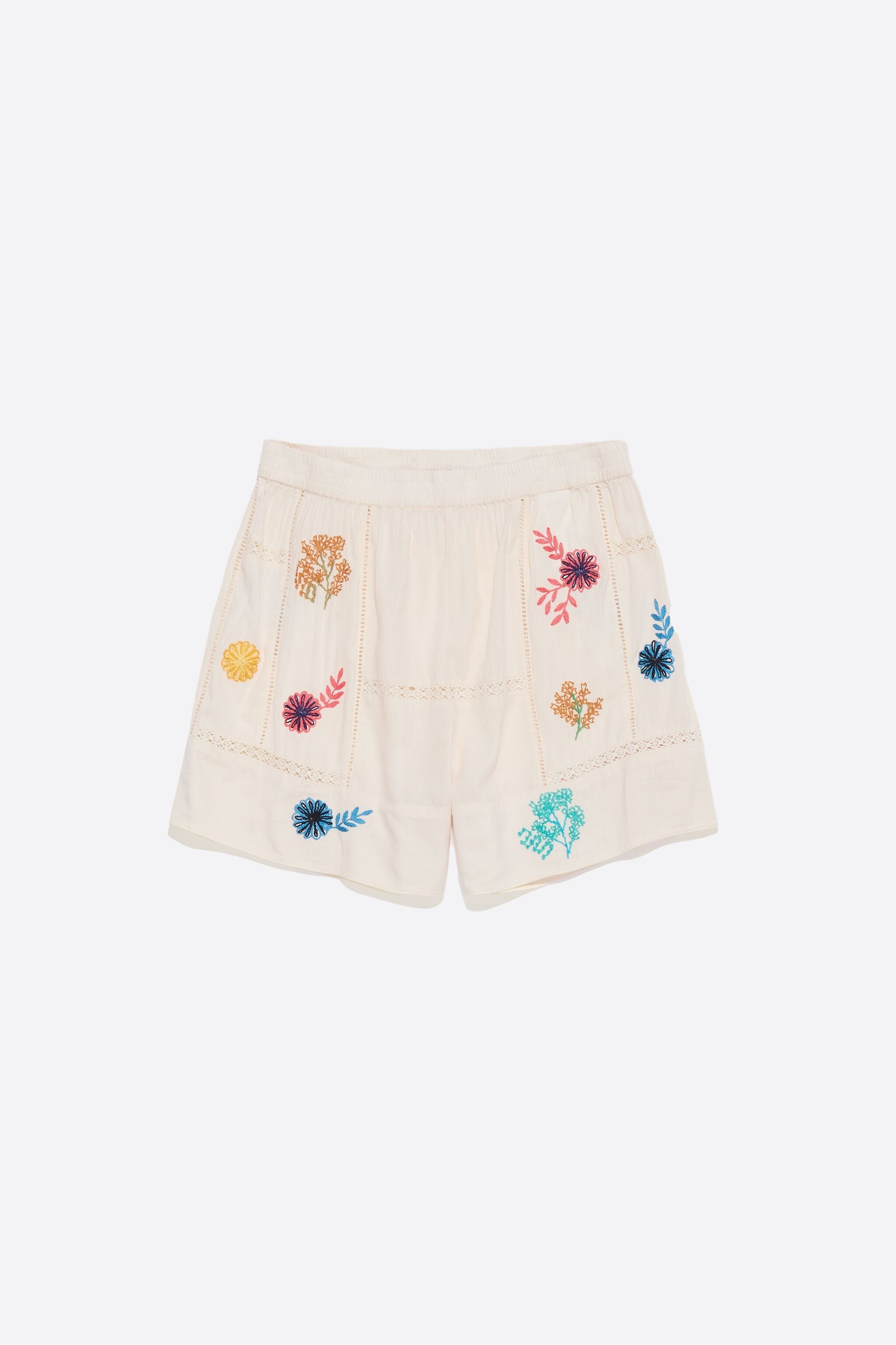 Cream Bermuda shorts with multicolor embroidery