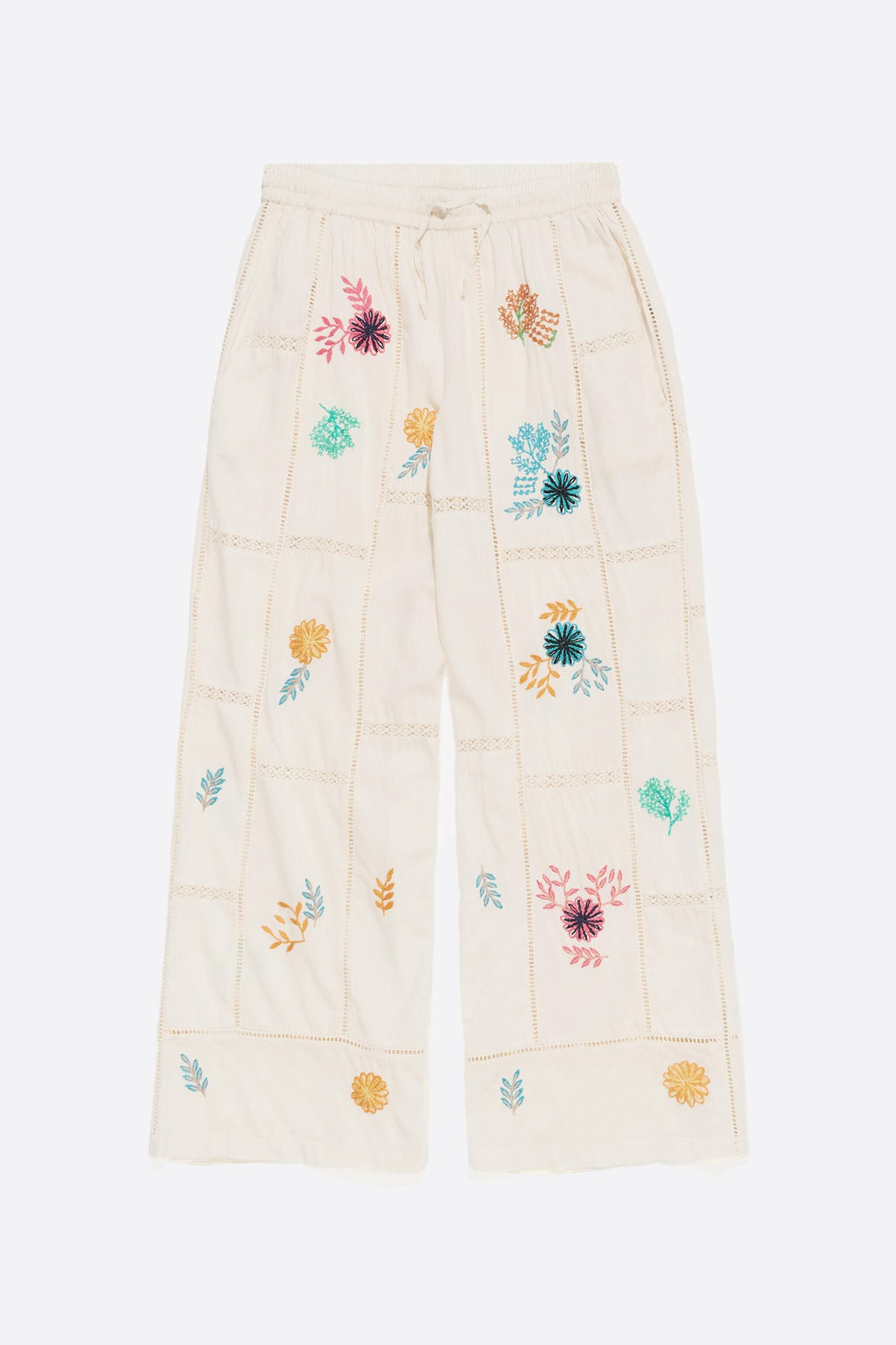 Cream jogger trousers with multicolor embroidery
