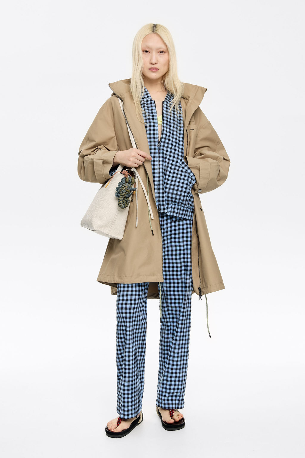 Powder blue checked textured straight trousers