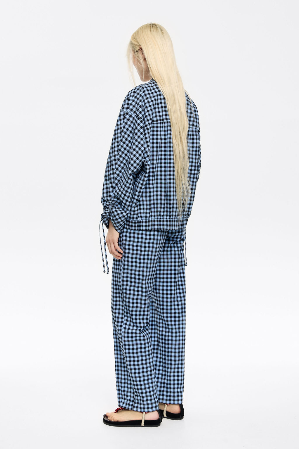 Powder blue checked textured straight trousers