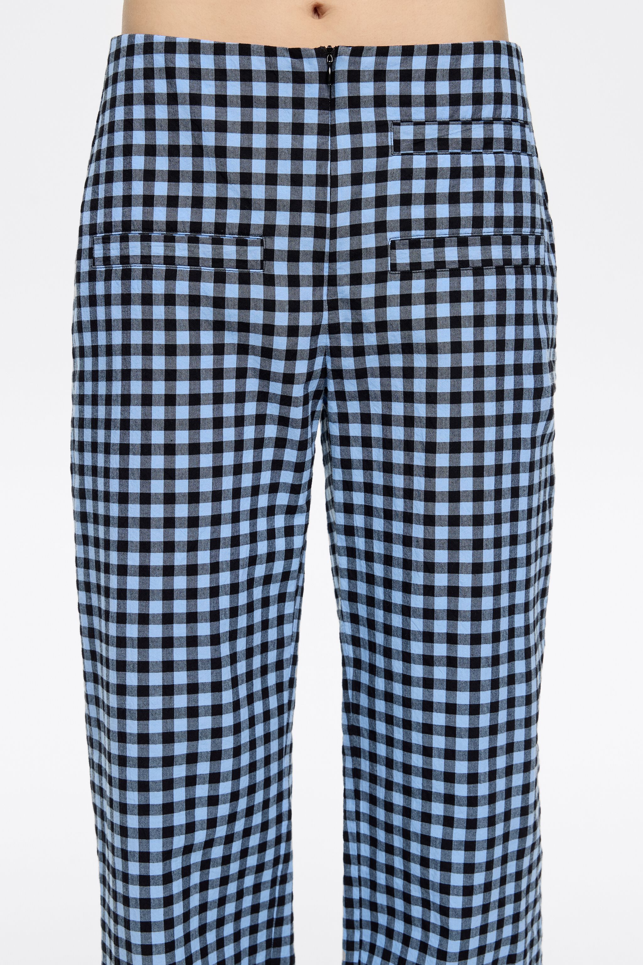 Powder blue checked textured straight trousers