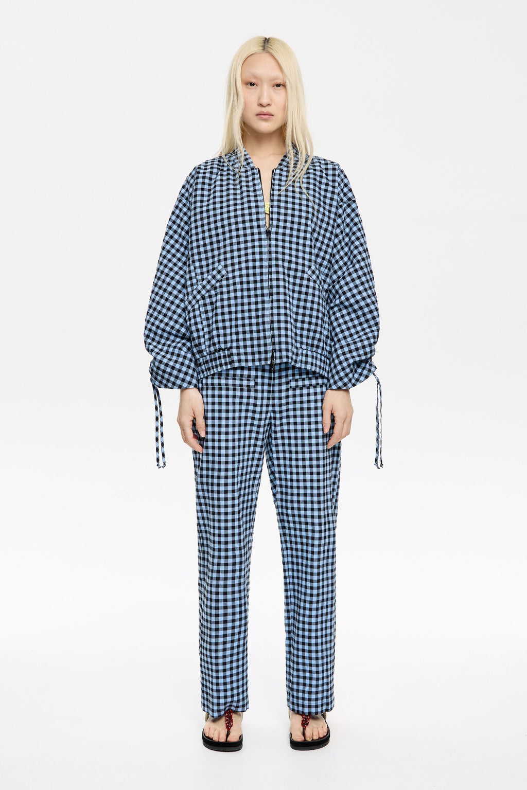 Powder blue checked textured straight trousers